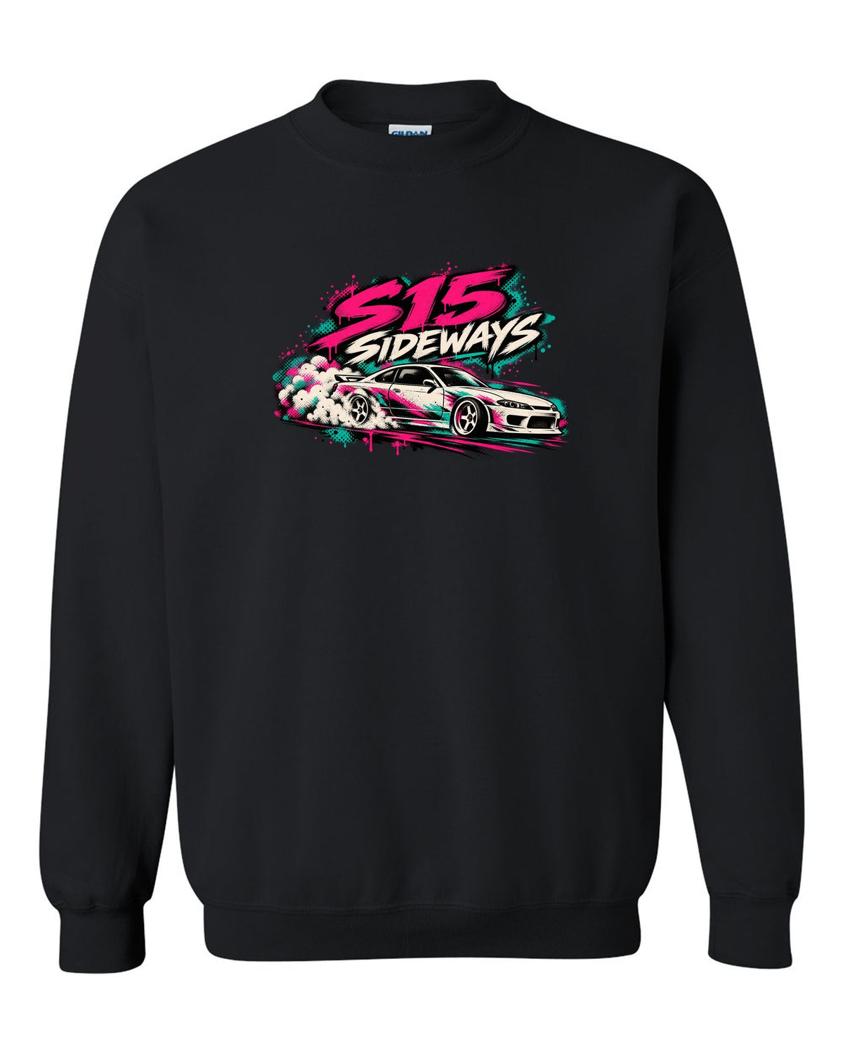 Stencil spray street art print of a Nissan Silvia S15 sliding sideways black crewneck front view with the design
