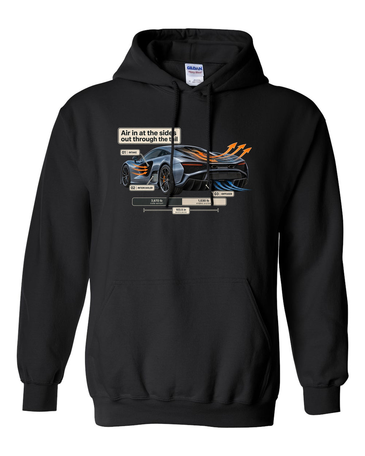 Aero cutaway print of a 2019 Acura NSX NC1 with airflow callouts black pull over hoodie front view with the design