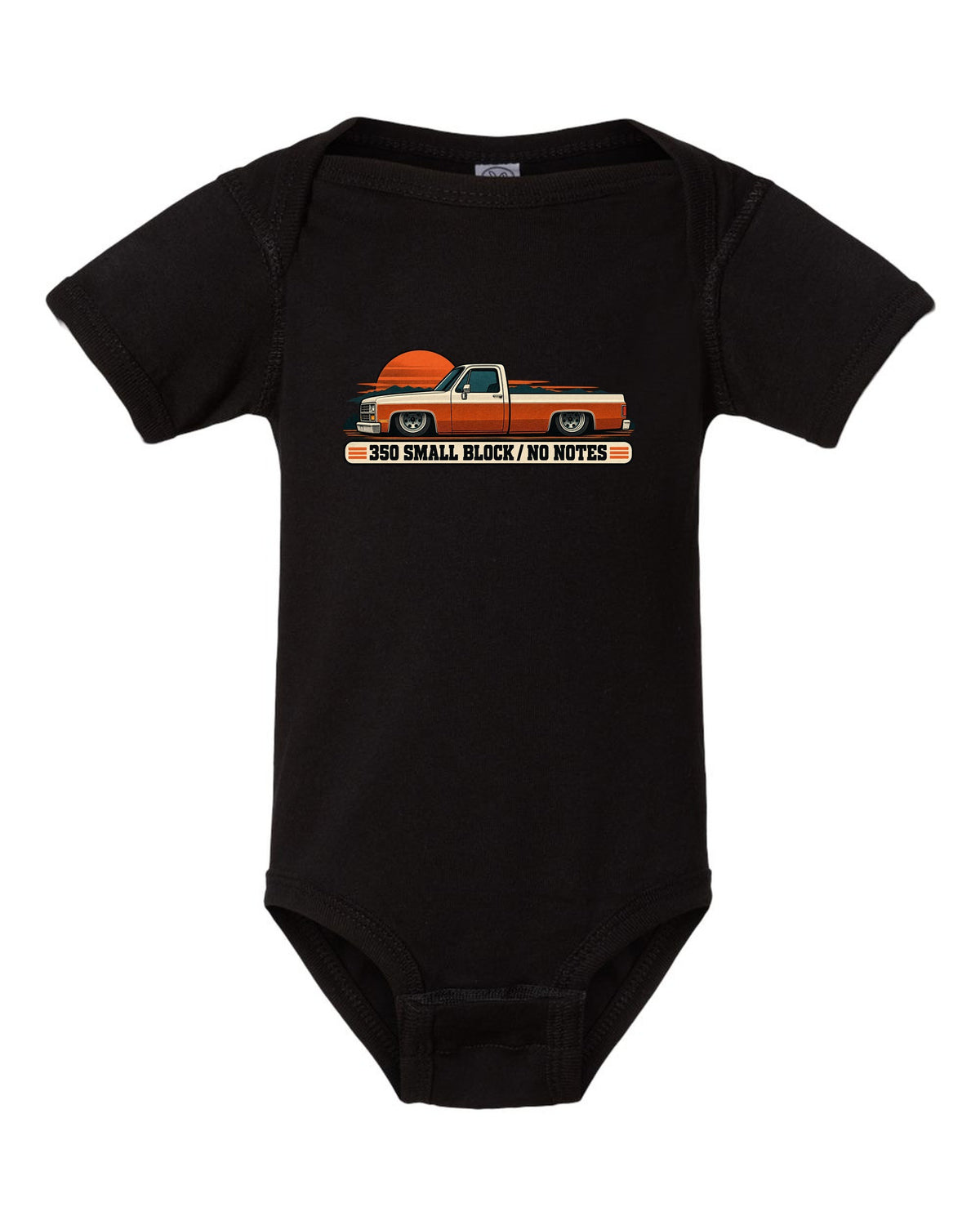 Retro two-colour halftone print of a dropped Chevrolet C10 Squarebody at dusk with 350 small block text black baby onesie front view with the design