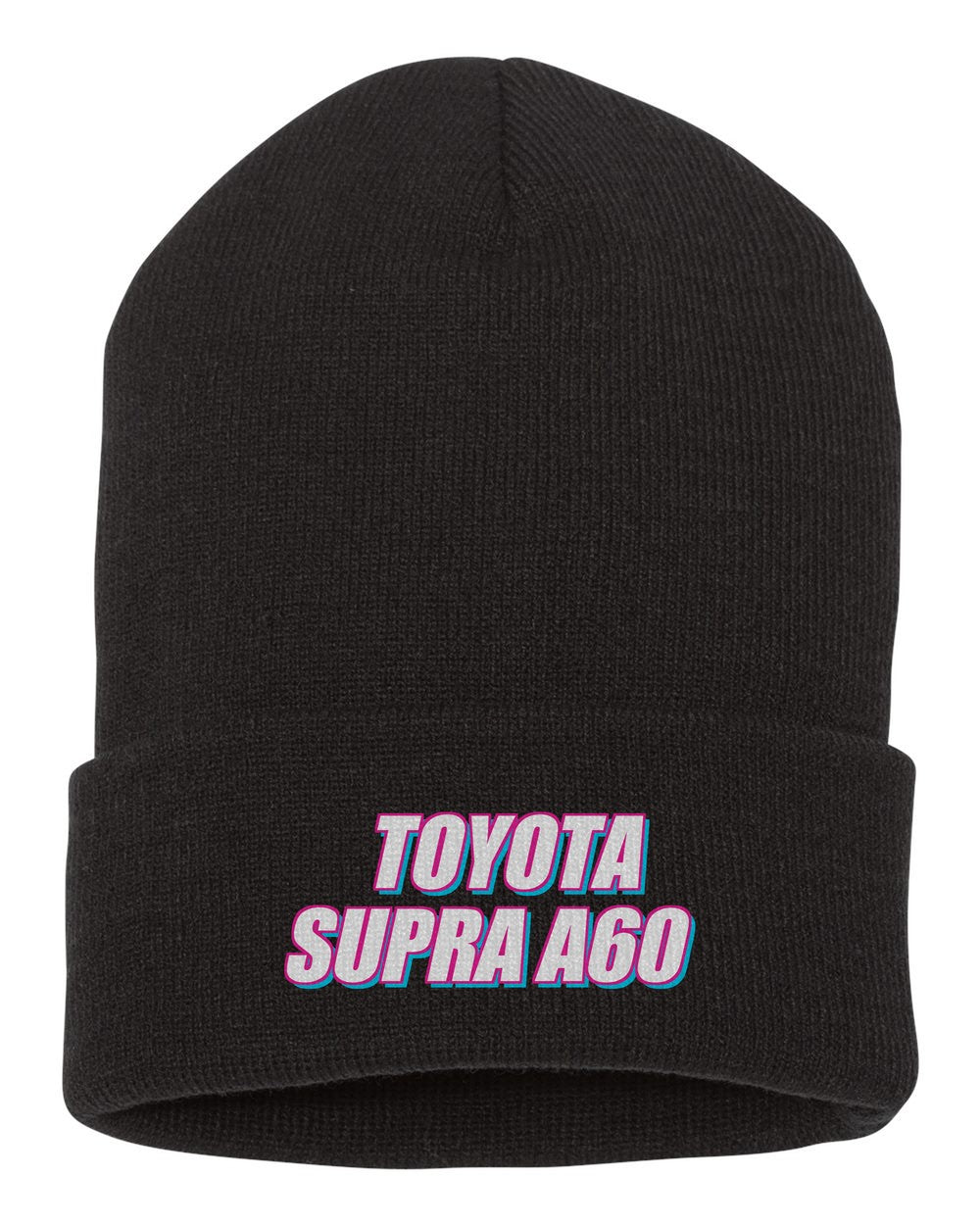 Toyota Supra A60 black beanie front view with car name