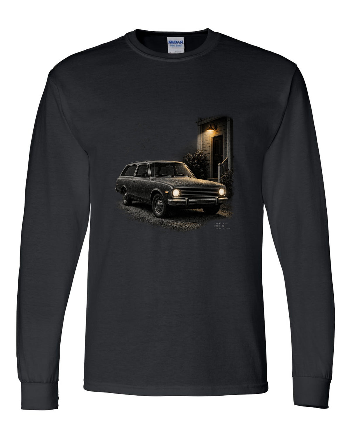 Night print of a 1966-77 early Ford Bronco U15 with Dana 30 front axle text black long sleeve front view with the design