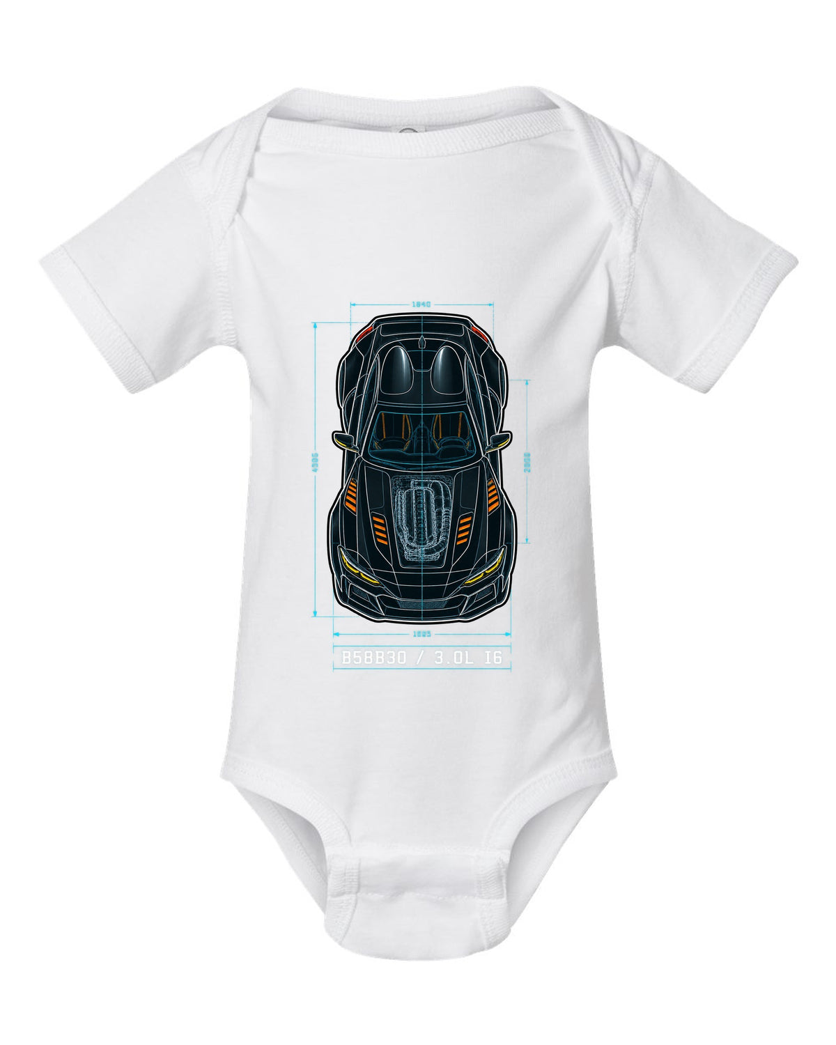 Patent-style overhead blueprint of the B58B30 3.0L inline-six in the Toyota GR Supra A90 white baby onesie front view with the design