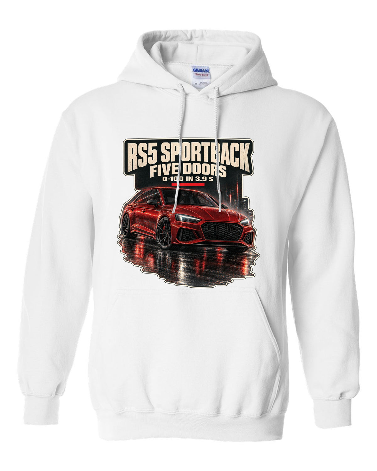 Night street scene of an Audi RS5 Sportback B9 facelift white pull over hoodie front view with the design