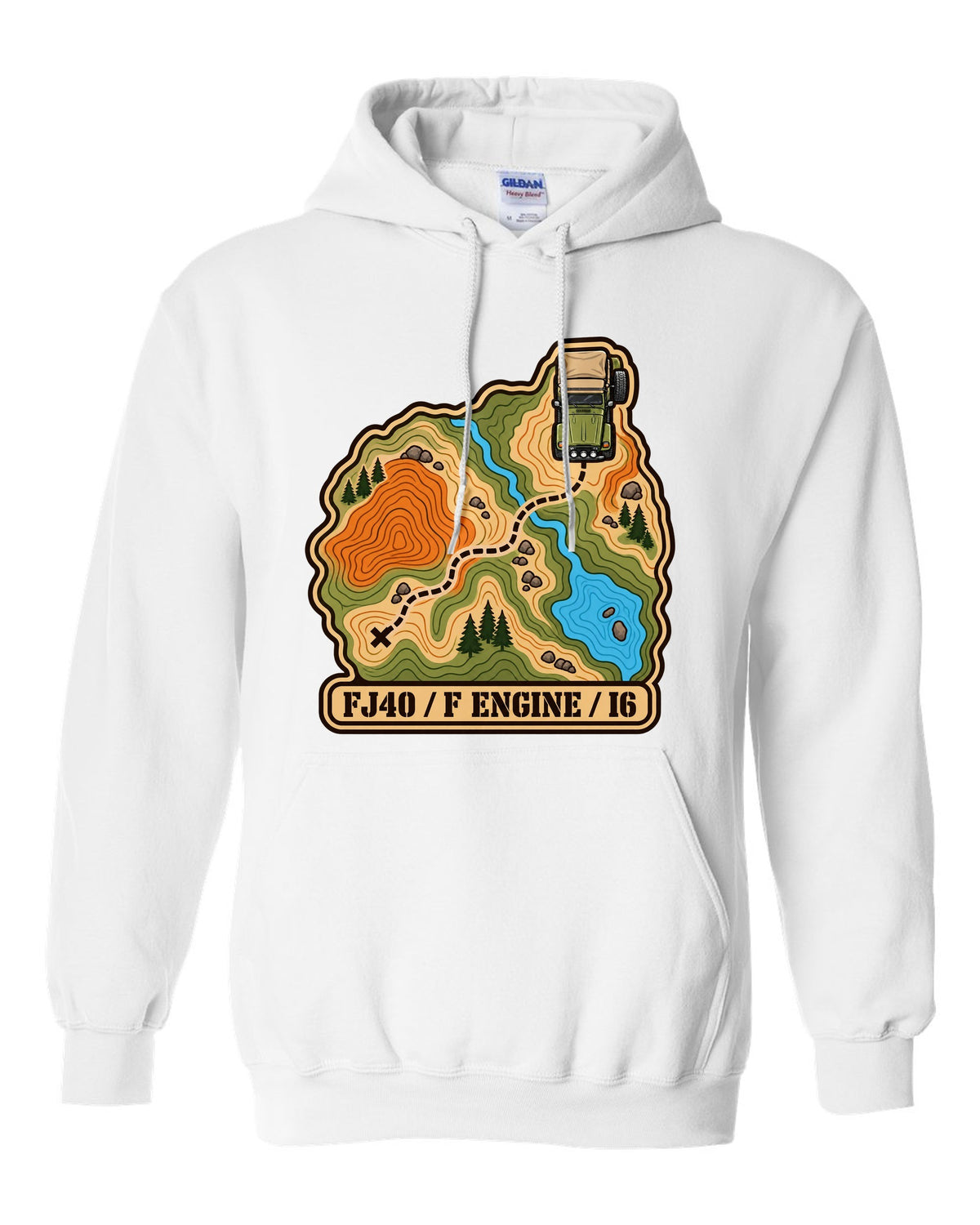 Topographic route map illustration of a Toyota Land Cruiser FJ40 with F engine I6 lettering white pull over hoodie front view with the design