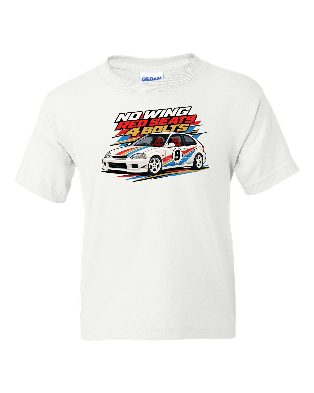 Retro racing livery print of a Honda Civic Type R EK9 with no wing red seats 4 bolts text white kids tee front view with the design