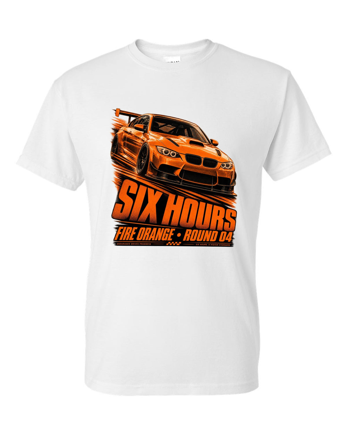 BMW E92 M3 GTS race poster print with Fire Orange round four lettering white t-shirt front view with the design