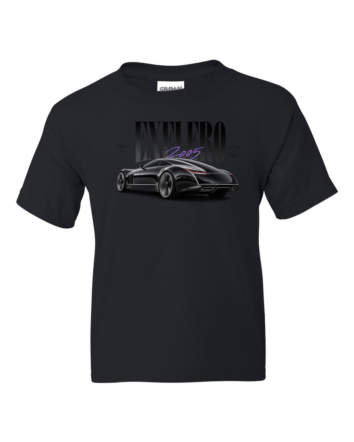 Editorial print of the Maybach Exelero one-off with Exelero 2005 Teardrop Roof lettering black kids tee front view with the design