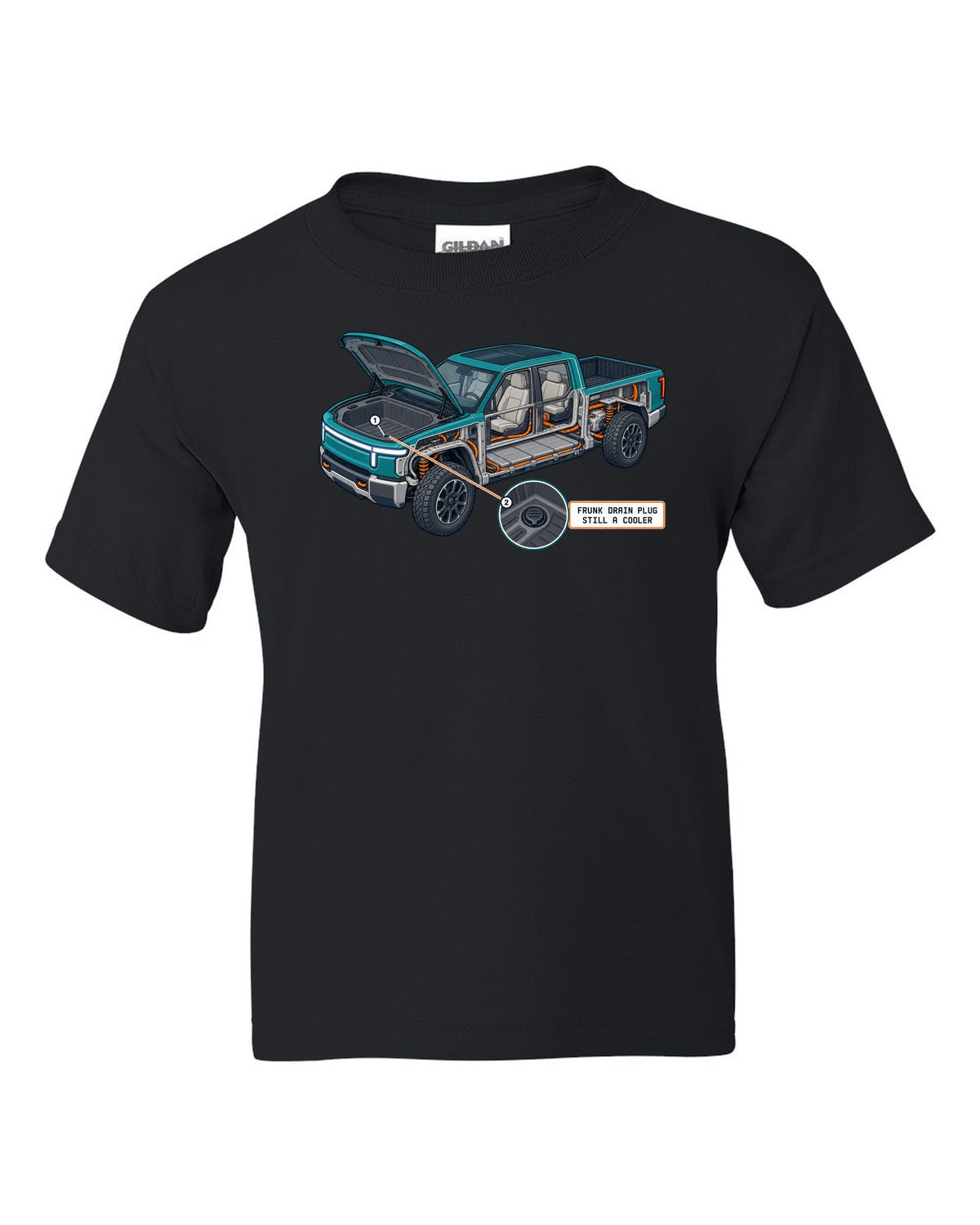 Ford F-150 Lightning isometric cutaway print showing the frunk drain plug black kids tee front view with the design