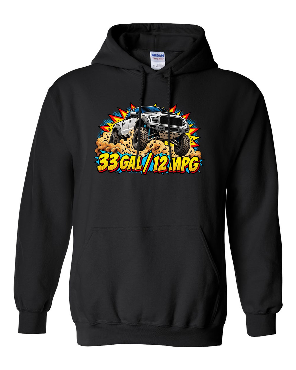 Comic halftone print of an airborne 2021-2024 Ram 1500 TRX with 33 gal 12 mpg text black pull over hoodie front view with the design