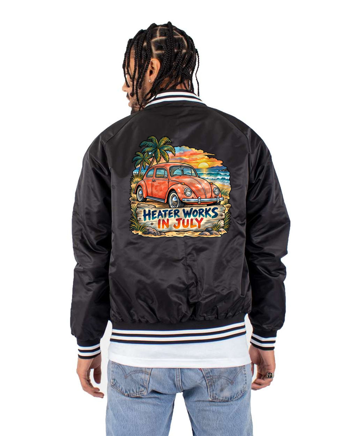 VW Beetle Type 1 Beach Sunset Watercolour Tee, Heater Joke Bomber Jacket Black back