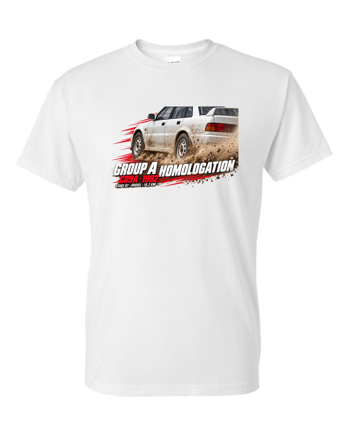 Rally poster print for the Mitsubishi Lancer Evolution I CD9A reading Group A Homologation, 1992, Stage 07 gravel white t-shirt front view with the design
