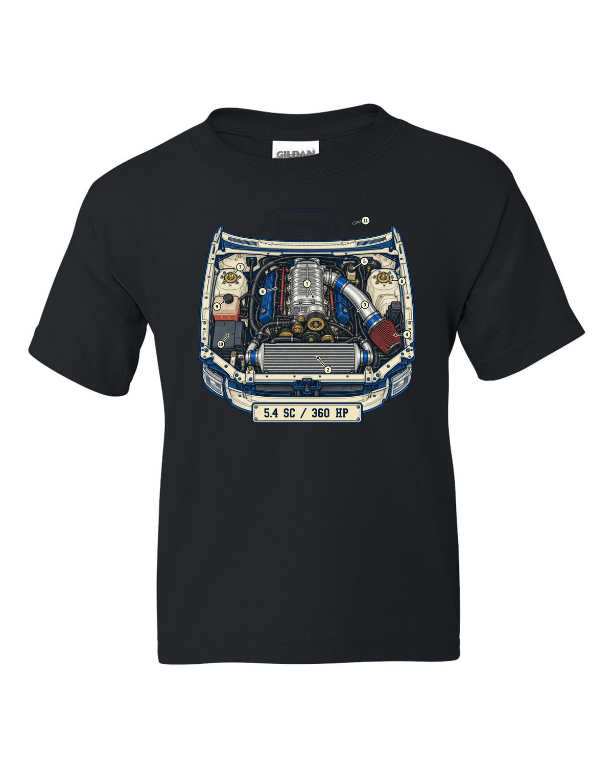 Ford F-150 SVT Lightning second generation as a patent-style technical drawing black kids tee front view with the design