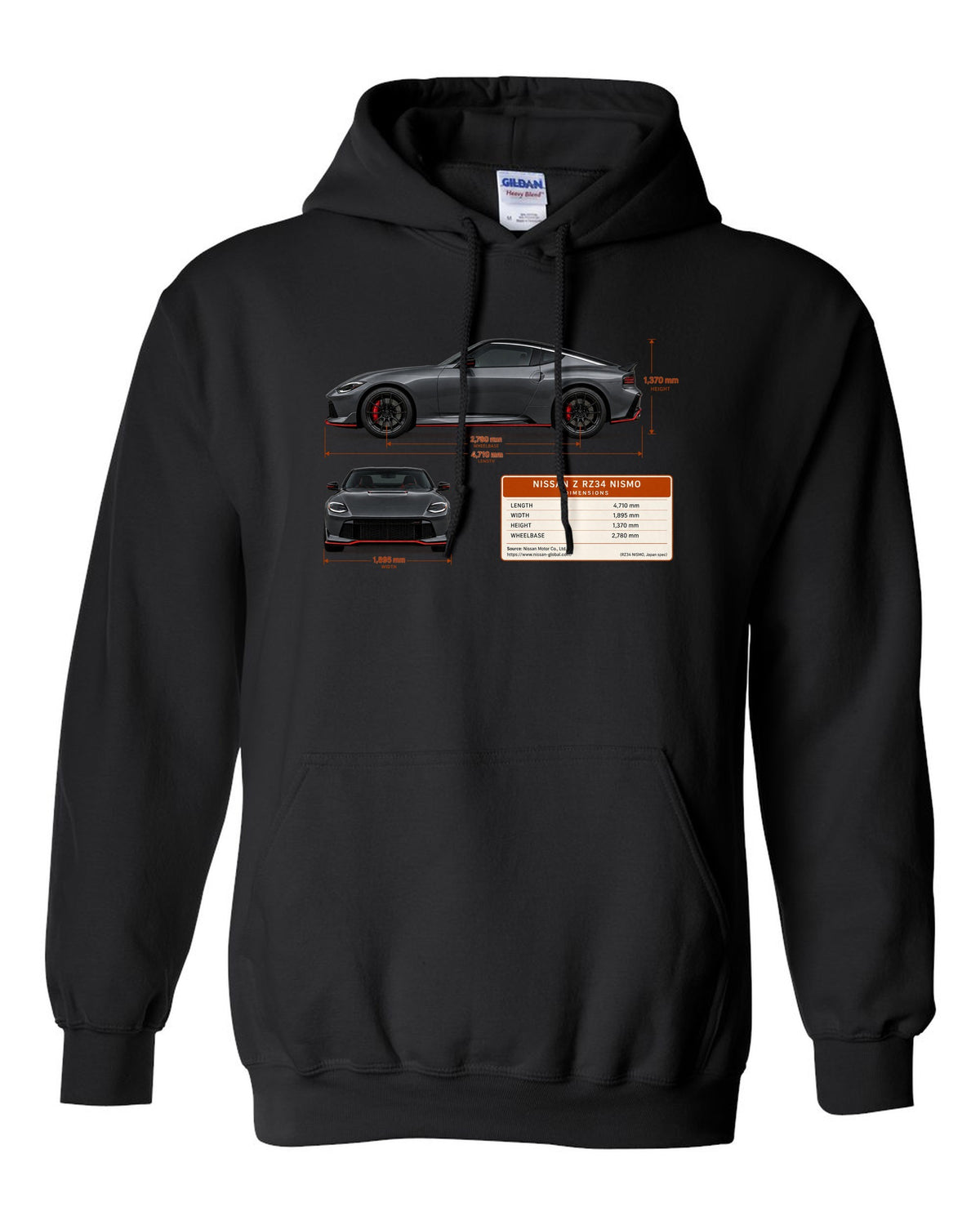 Orange 2024 Nissan Z RZ34 Sport rear view with taillight, ducktail lip and twin round tips black pull over hoodie front view with the design