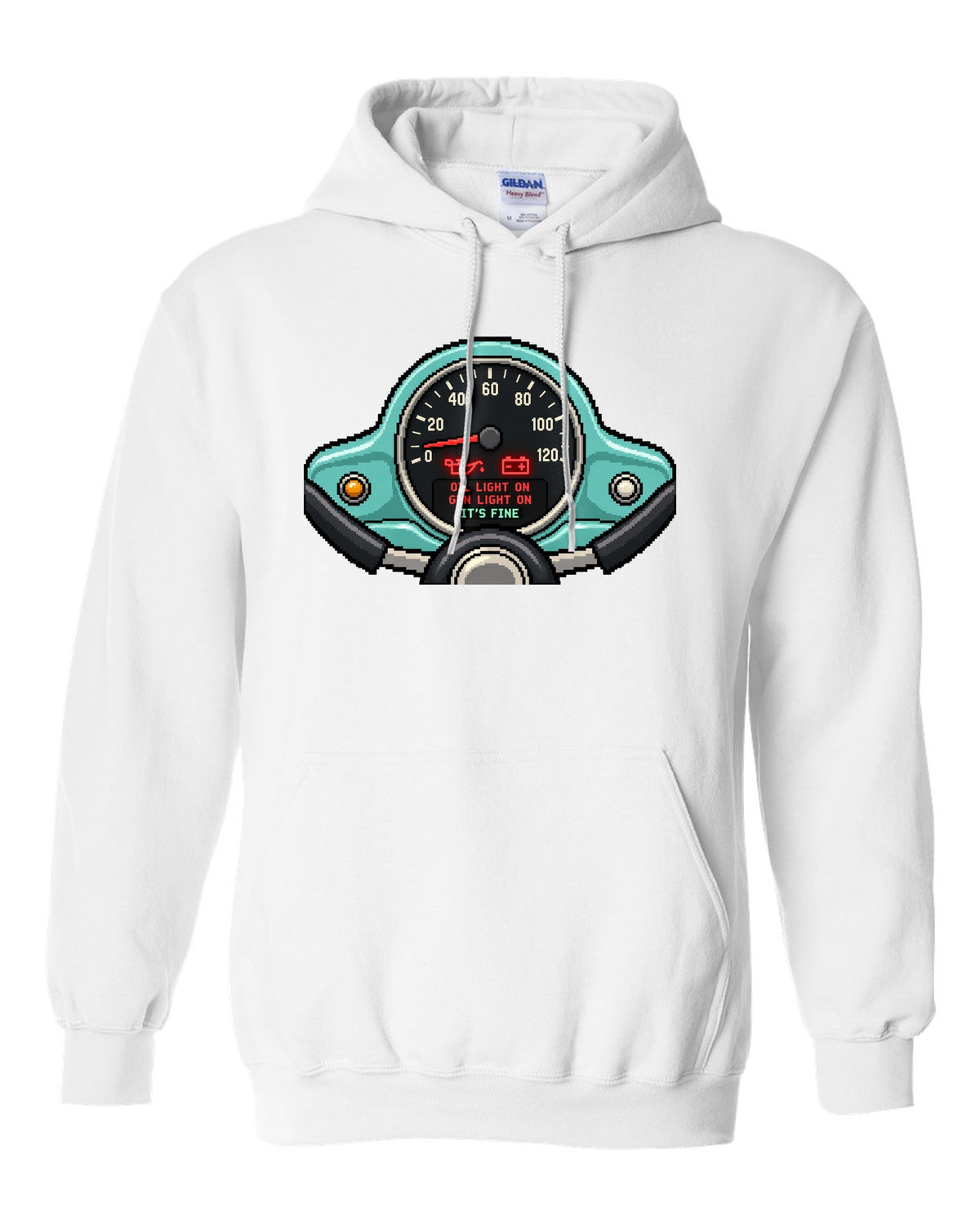 Pixel LED segmented display print of a VW Beetle Type 1 dashboard with warning light lettering white pull over hoodie front view with the design