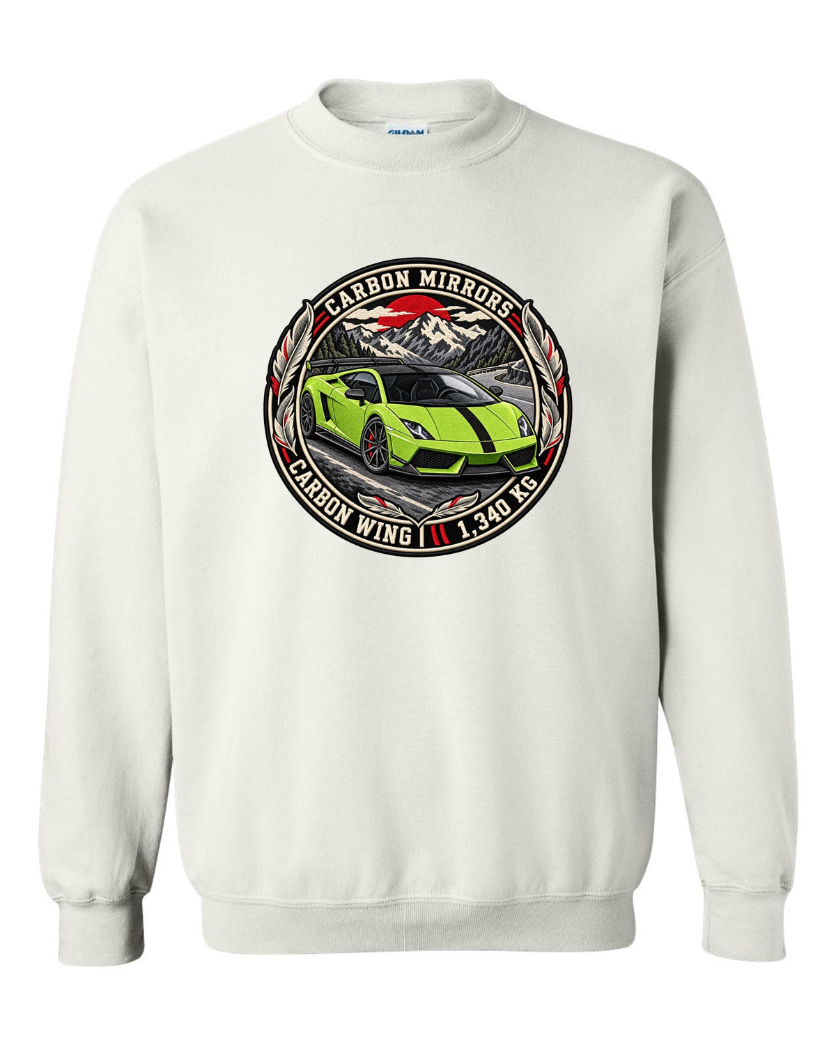 Round embroidery-style crest of a Lamborghini Gallardo LP570-4 Superleggera with carbon mirrors and wing text white crewneck front view with the design