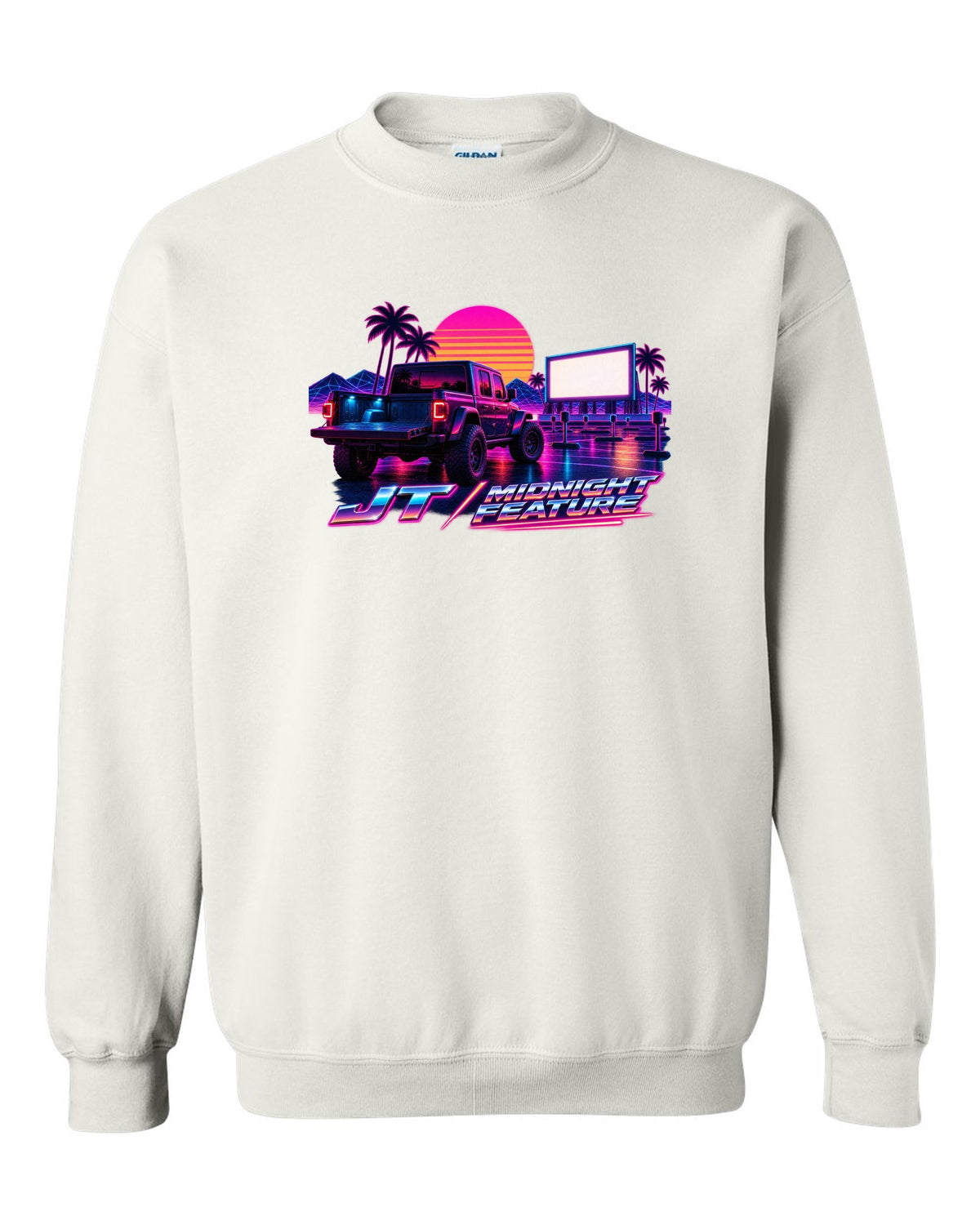 Jeep Gladiator JT synthwave outrun neon grid horizon with JT midnight feature text white crewneck front view with the design