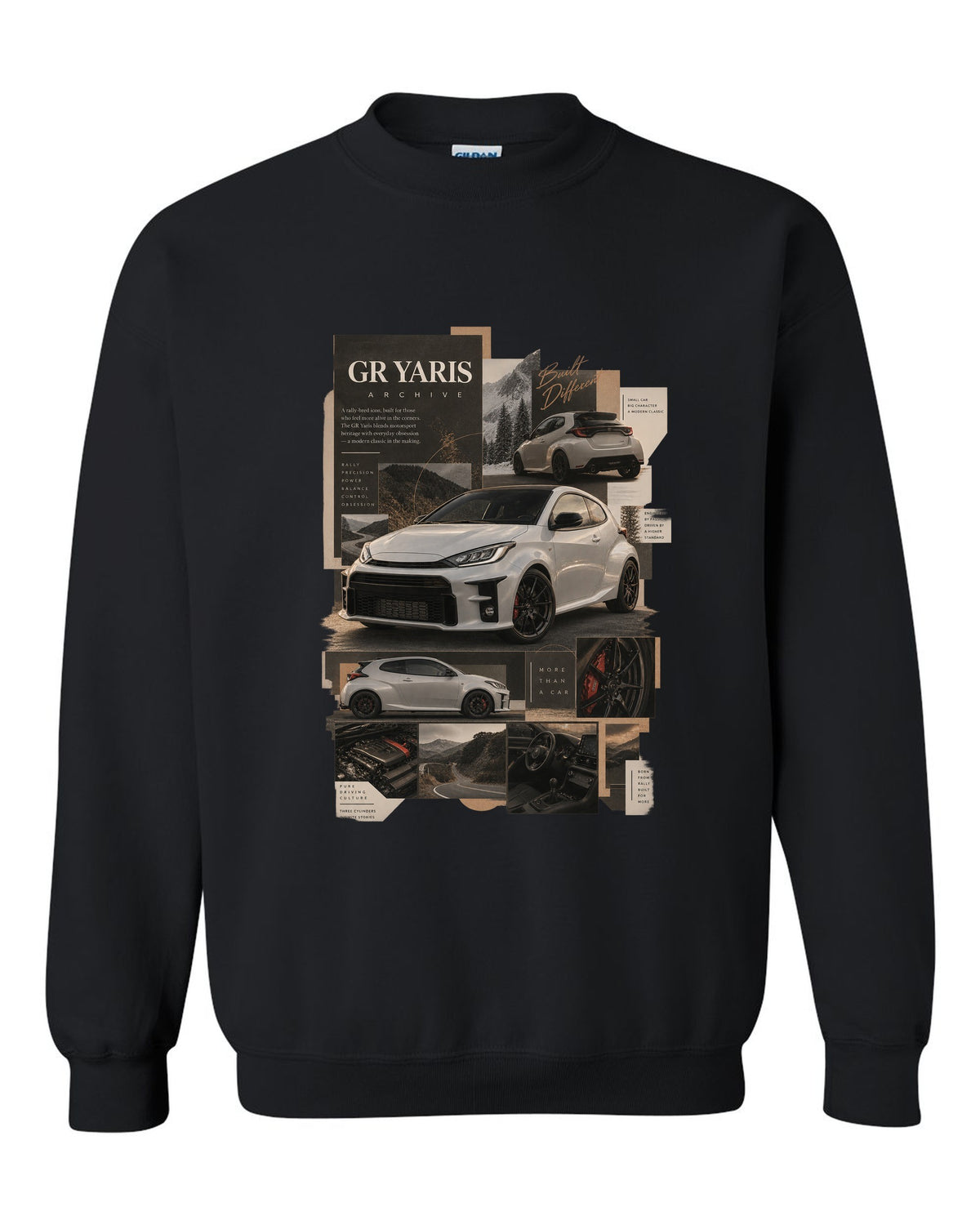 Three-view spec sheet of the Toyota GR Yaris XP210 three-door black crewneck front view with the design