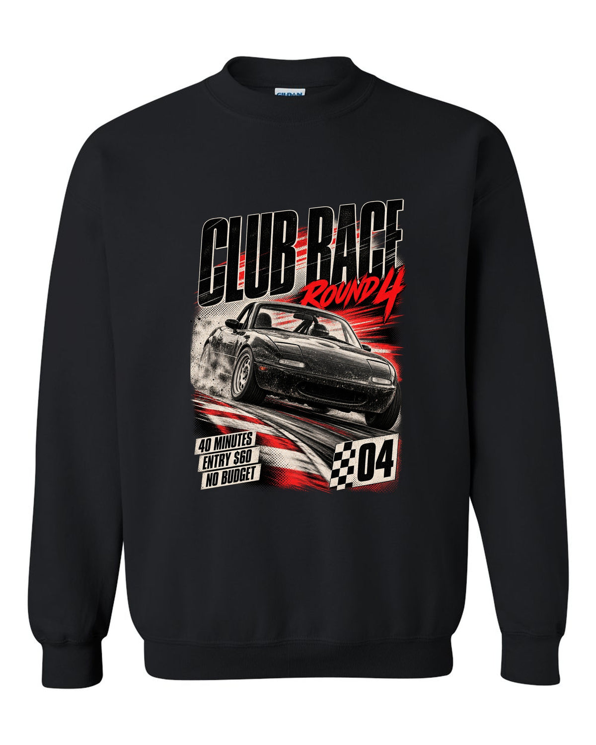 Race poster print for the Mazda MX-5 NA 1989-97 reading club race round 4, 40 minutes, entry $60 black crewneck front view with the design