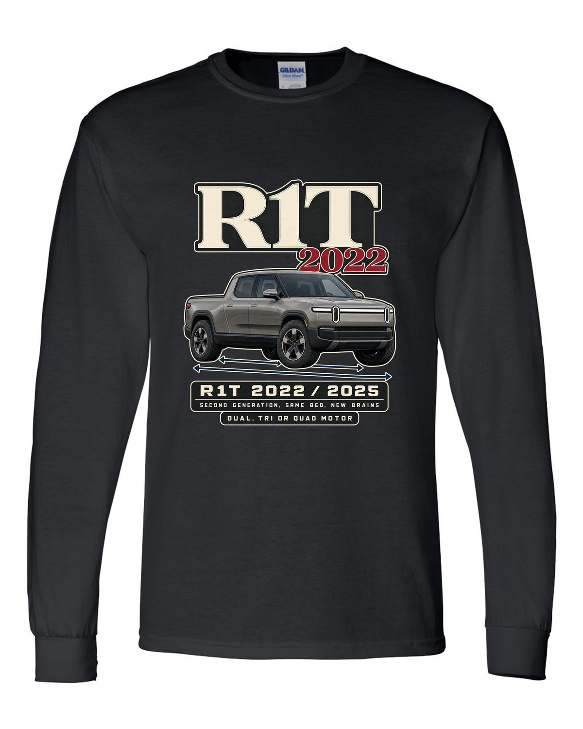 Archive panel print of a Rivian R1T Gen 2 with 2022 and 2025 model years black long sleeve front view with the design