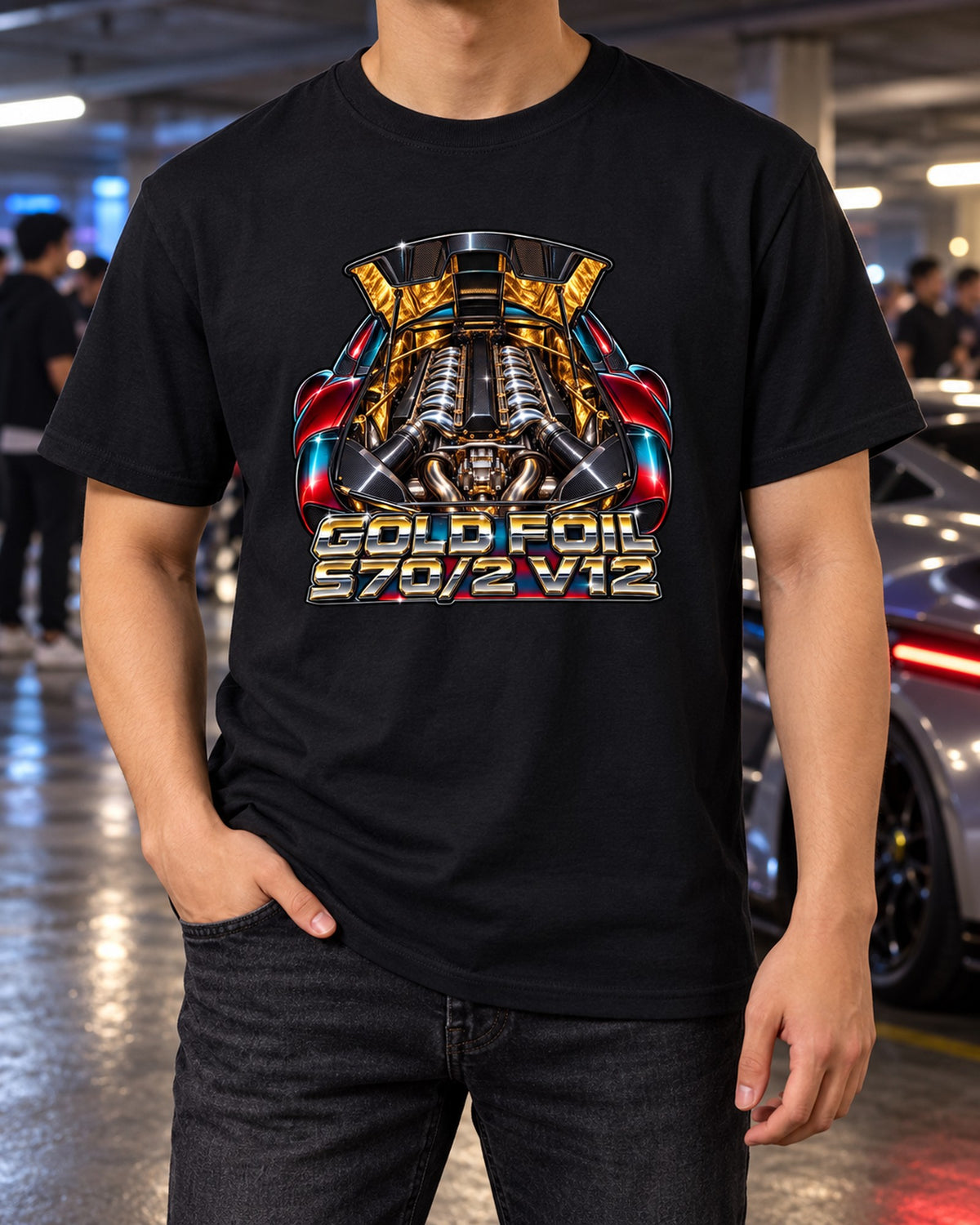 McLaren F1 Gold Foil Engine Bay Airbrush Chrome Tee T-Shirt Black worn hero