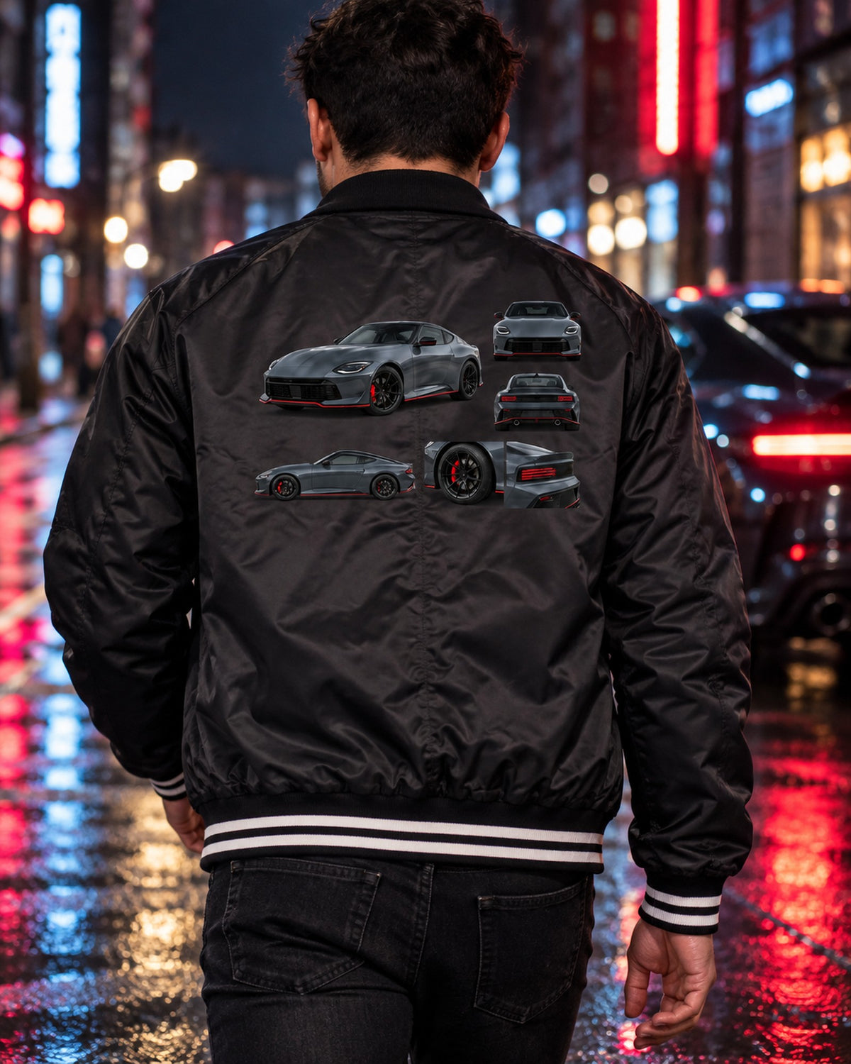 Nissan Z RZ34 Halftone Garage Shirt, VR30DDTT Statement Tee Bomber Jacket Black worn hero