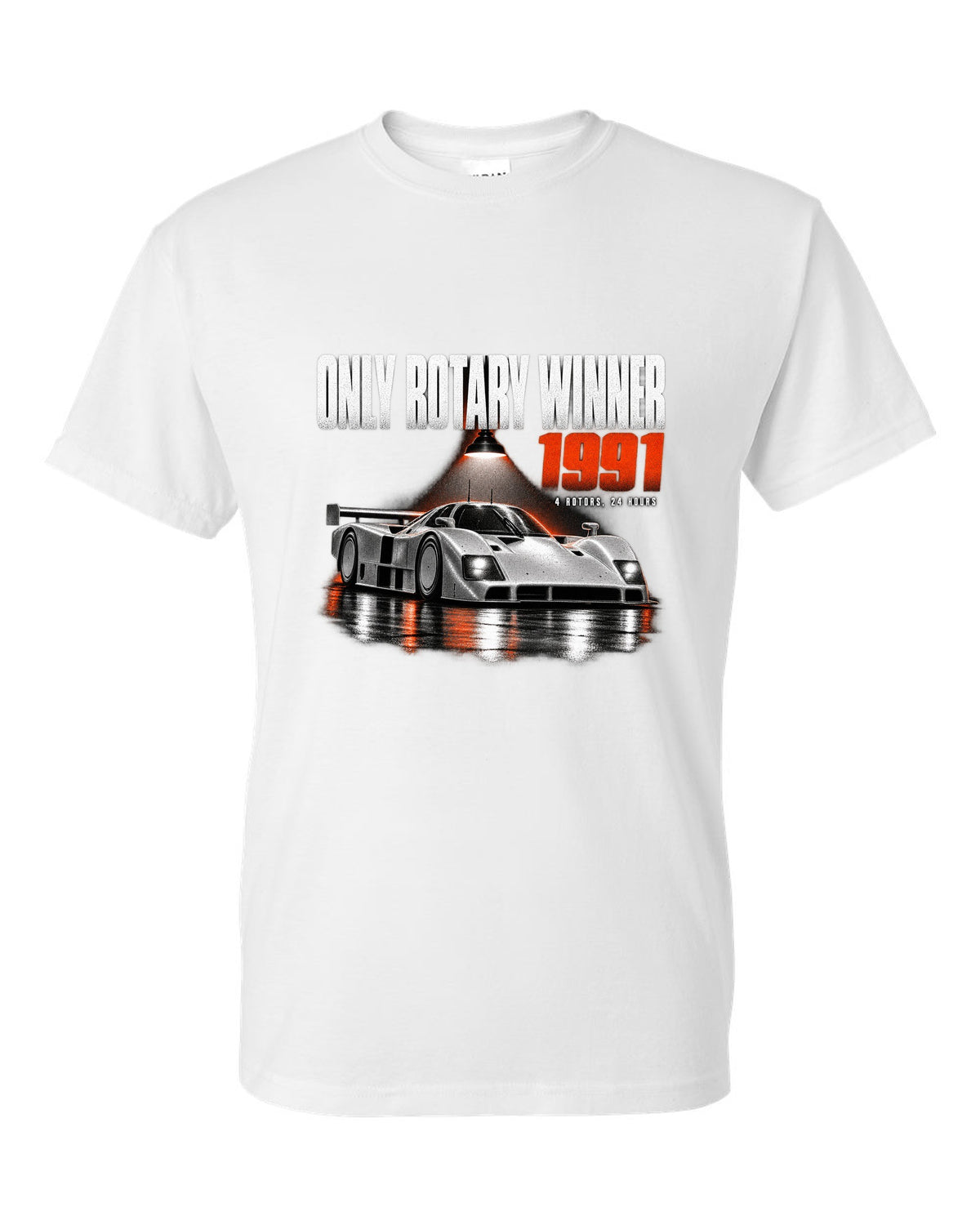 Mazda 787B in a dark garage with only rotary winner 1991 lettering white t-shirt front view with the design