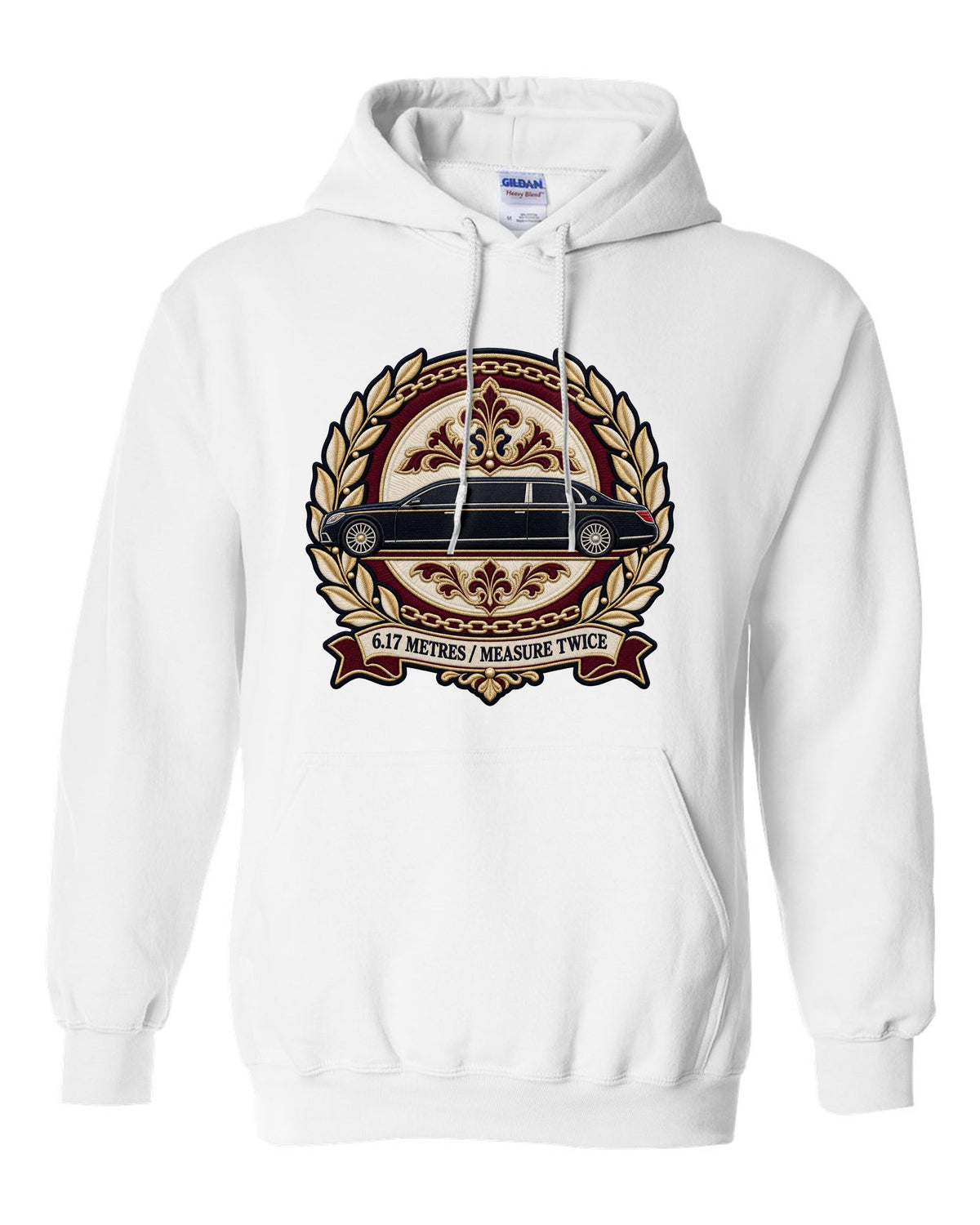 Embroidery style round crest of a Maybach 62 W240 opera window with 6.17 Metres Measure Twice text white pull over hoodie front view with the design