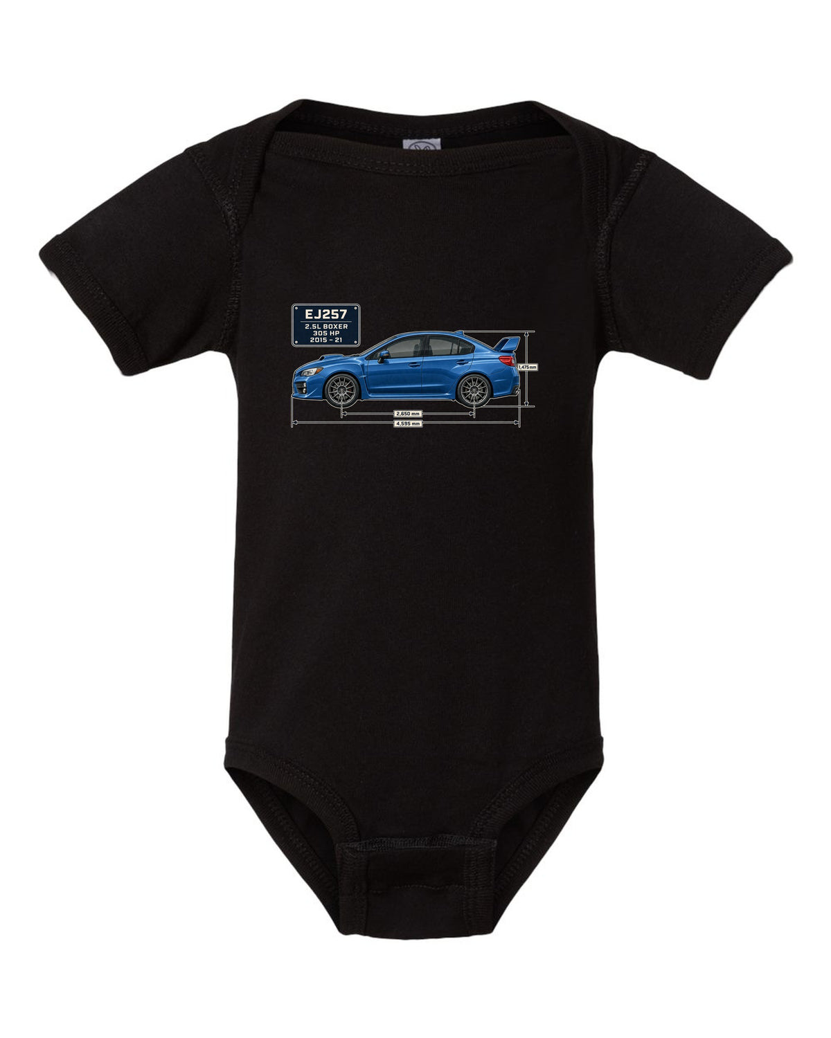 Subaru WRX STI VA sedan blueprint profile in blue-grey black baby onesie front view with the design