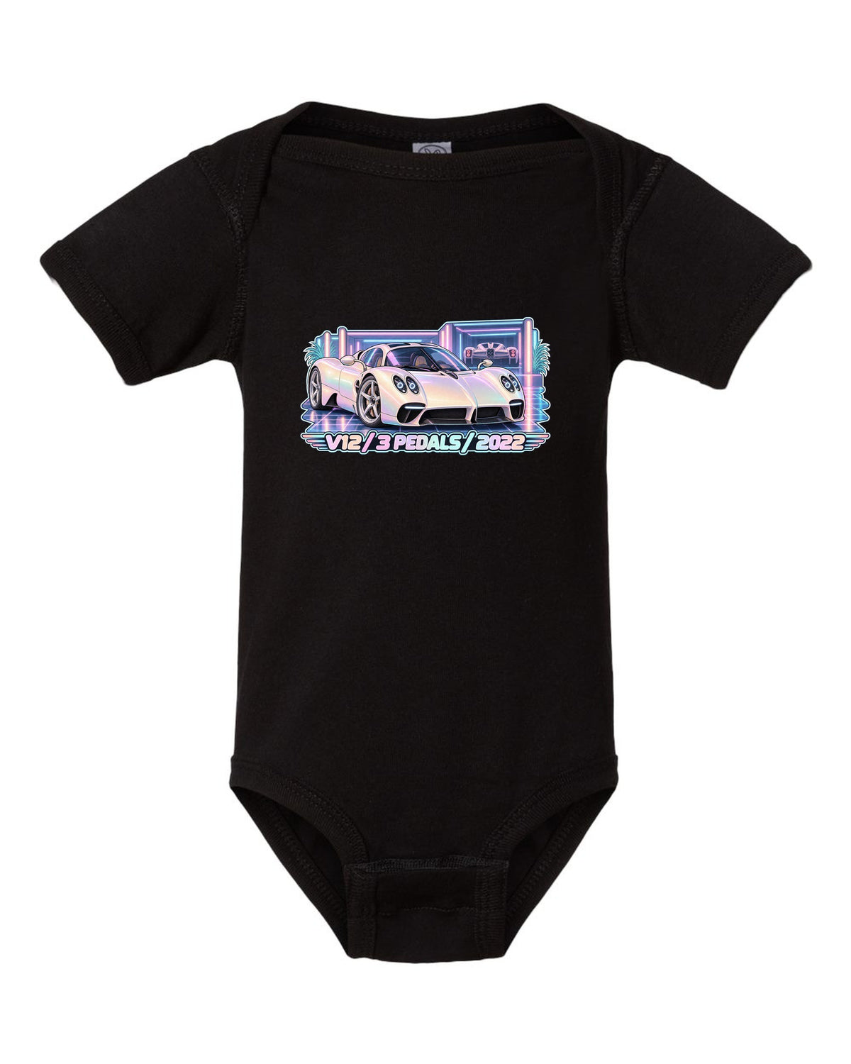 Pastel vaporwave garage illustration of a Pagani Utopia with V12 3 PEDALS 2022 lettering black baby onesie front view with the design
