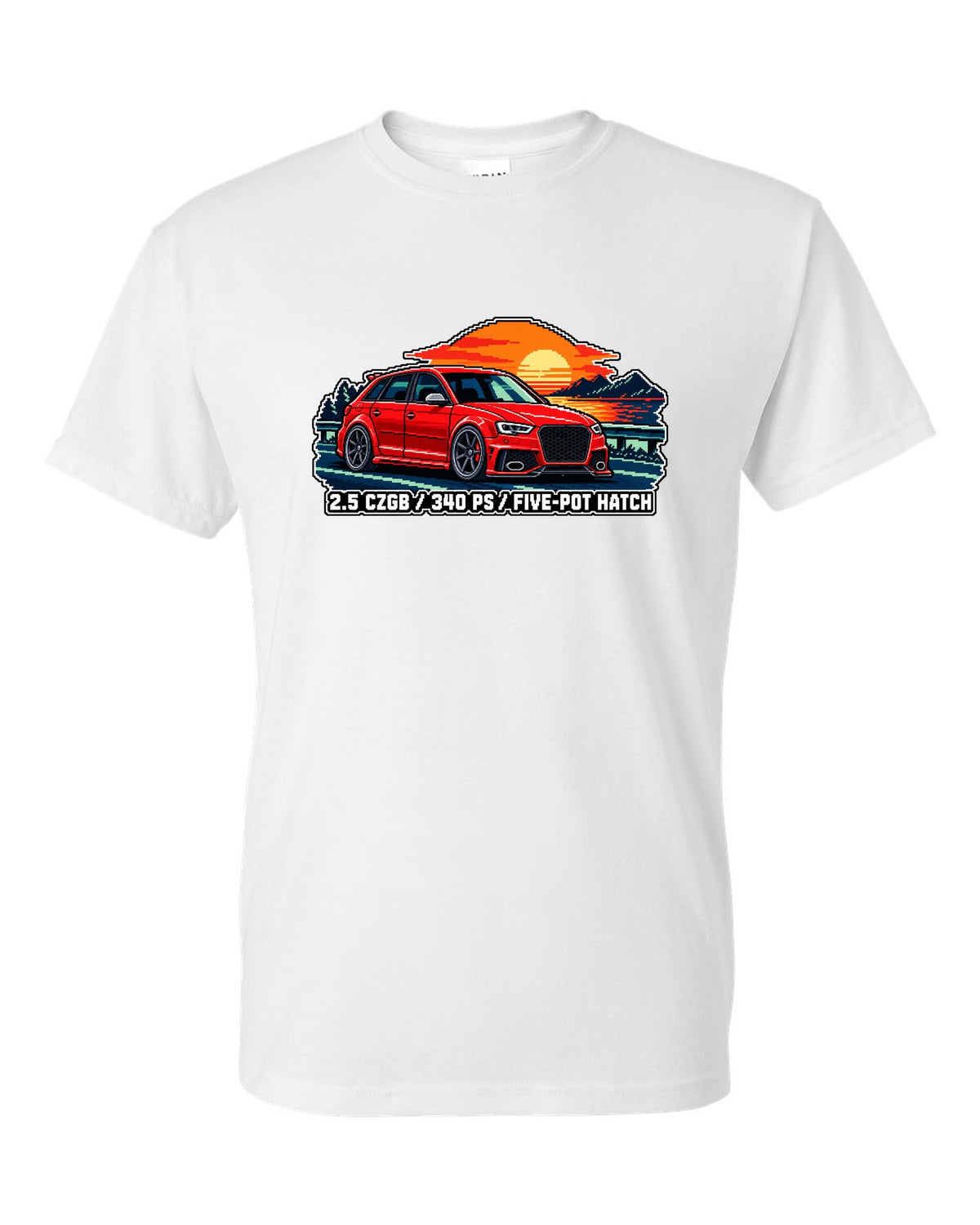 16-bit pixel art print of an Audi RS3 Sportback 8P with 2.5 CZGB text white t-shirt front view with the design