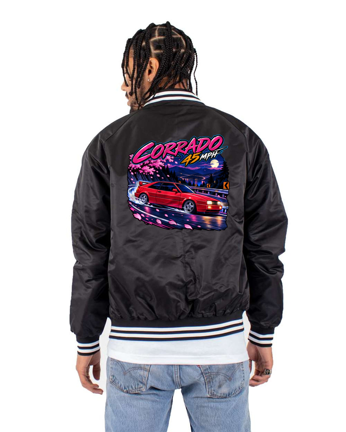 VW Corrado VR6 Hairpin Anime Sketch Tee, 45 MPH Touge Bomber Jacket Black back