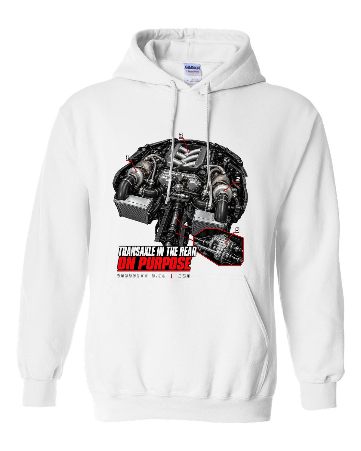 Engine hero diagram of a Nissan GT-R R35 with callout lines pointing to the rear transaxle white pull over hoodie front view with the design