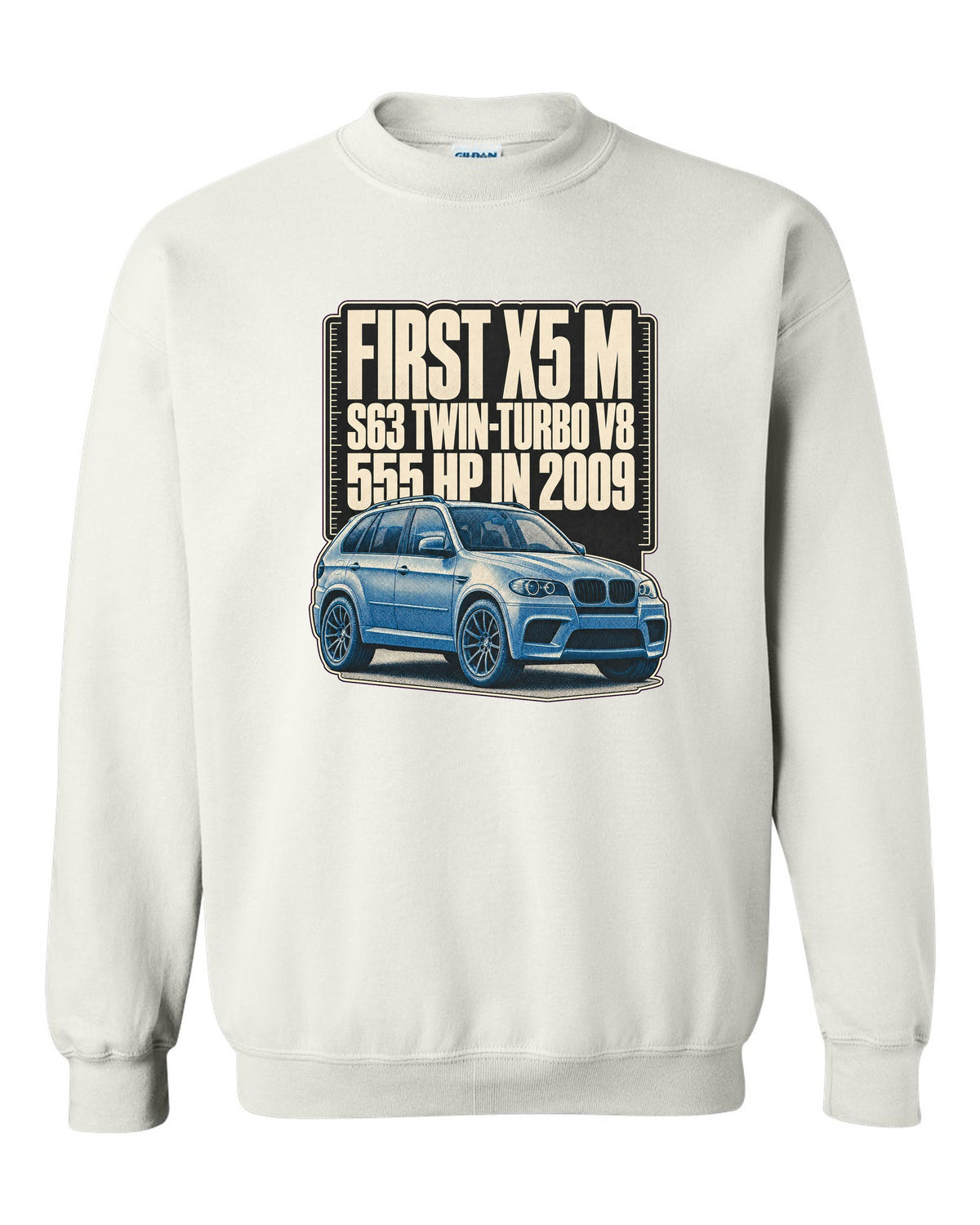 BMW X5 M E70 halftone print on a tee white crewneck front view with the design