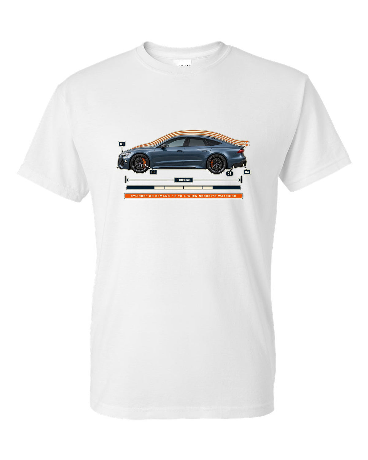 Aero callout print of an Audi RS7 Sportback C8 with cylinder on demand caption white t-shirt front view with the design