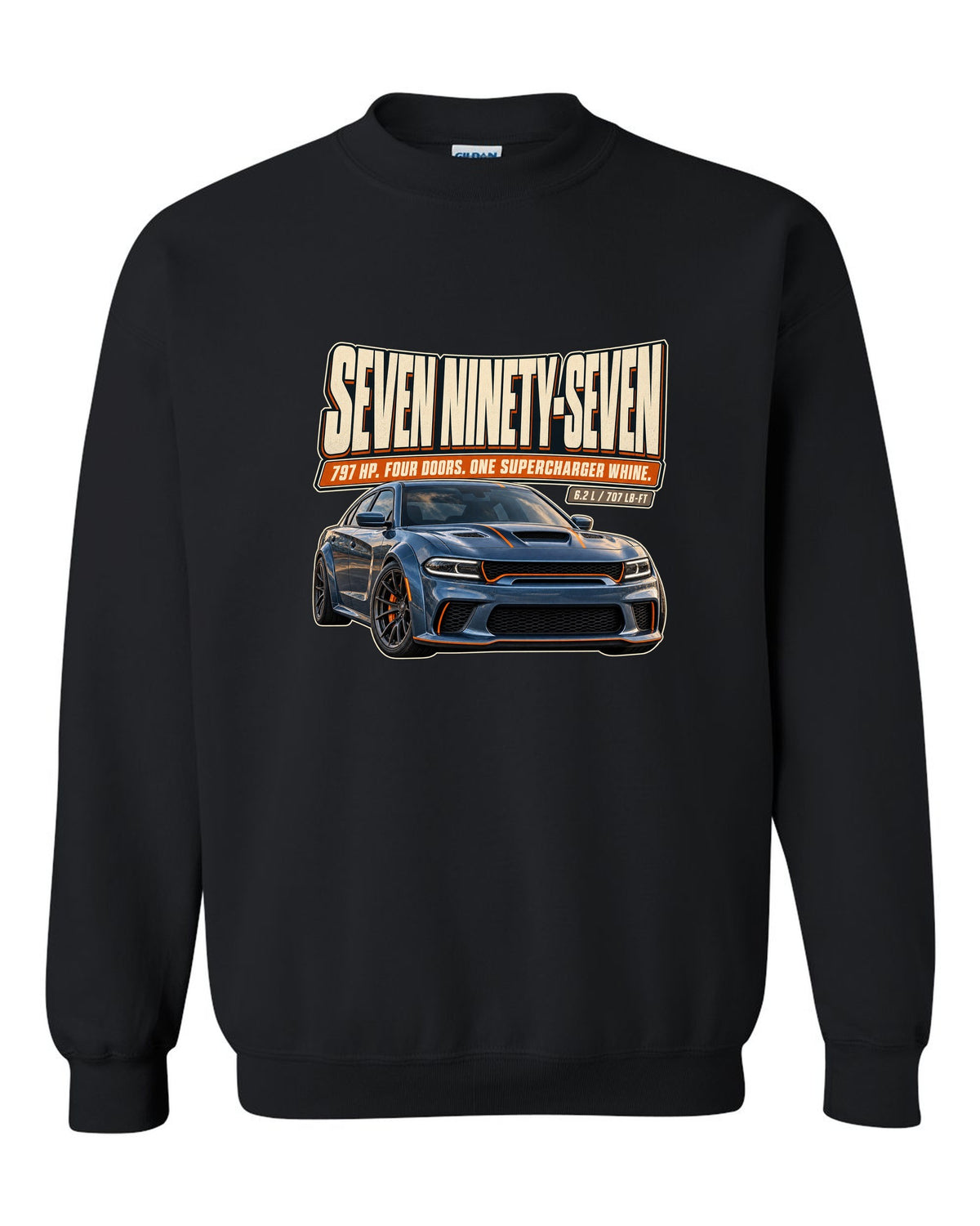 Dodge Charger SRT Hellcat Redeye Widebody editorial headline print black crewneck front view with the design