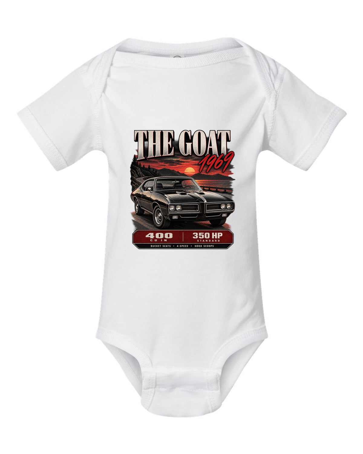 1969 Pontiac GTO archive panel print with 400 cu in spec callouts white baby onesie front view with the design