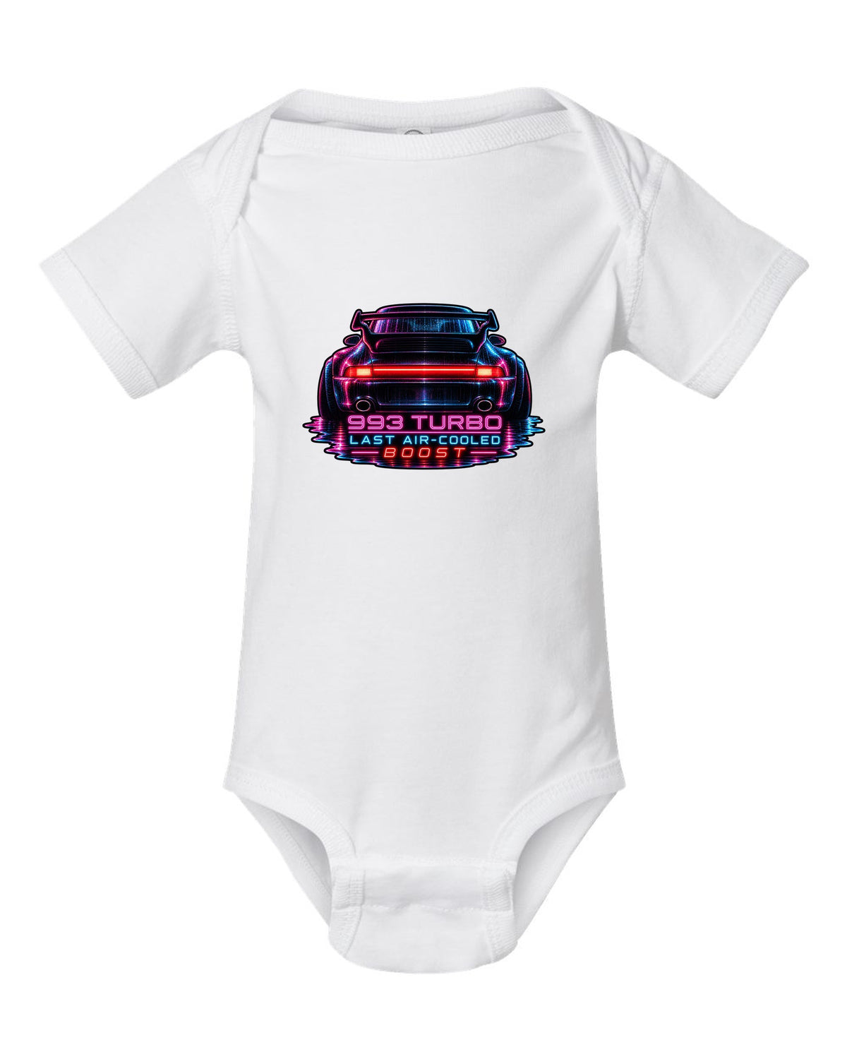 Porsche 993 Turbo neon noir design with glowing rear light bar white baby onesie front view with the design