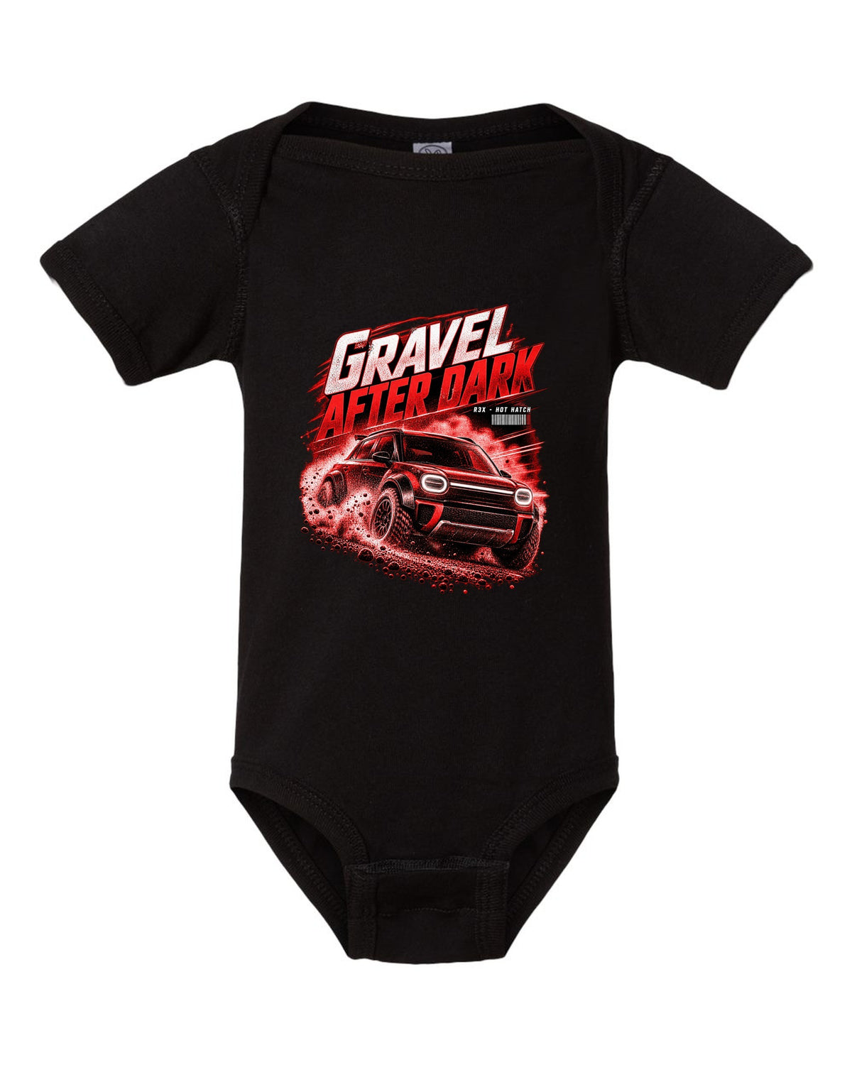 Rivian R3X hot ch with rally flares on a gravel road at night black baby onesie front view with the design
