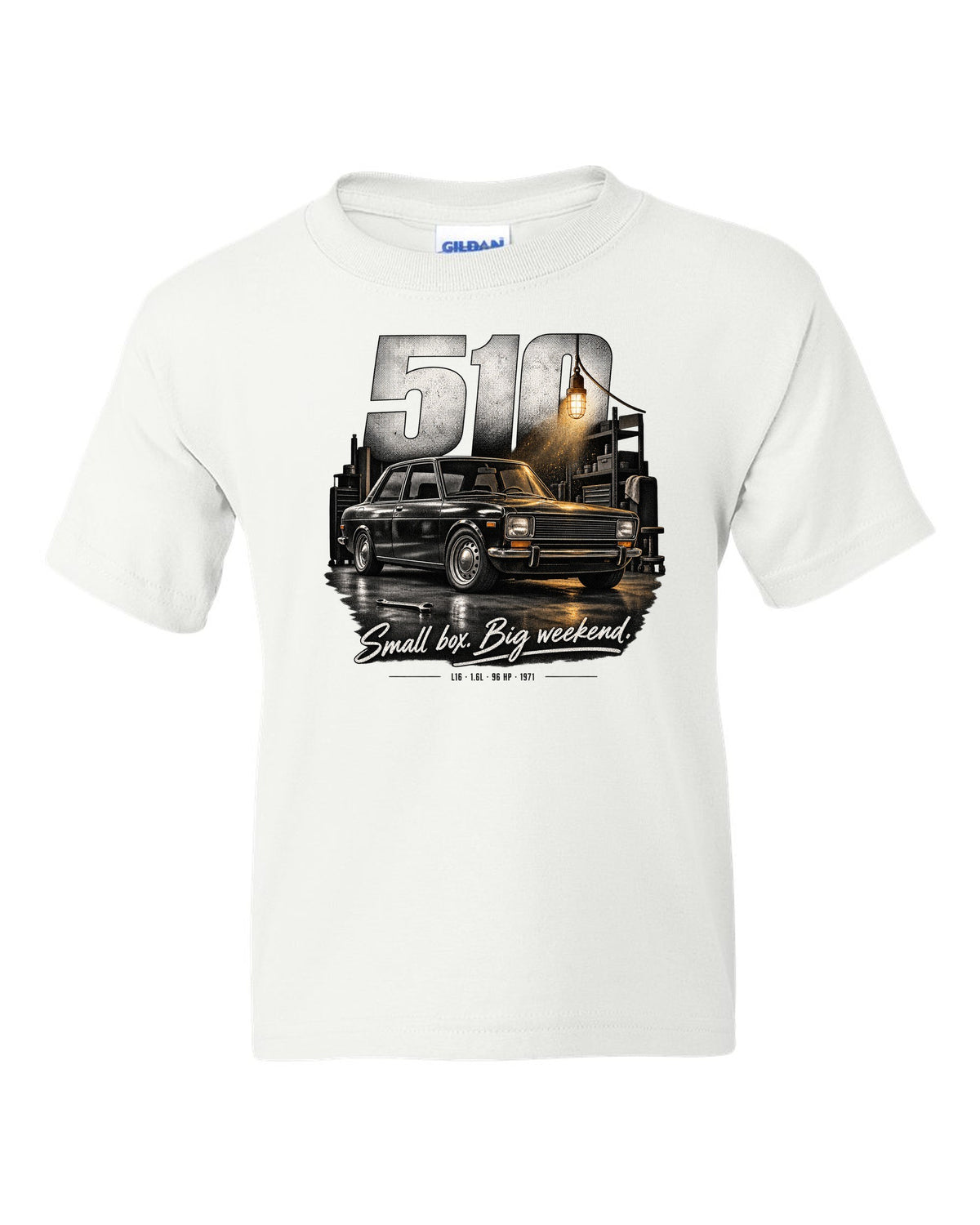 Garage night print of a Datsun 510 sedan with L16 1.6L 96 HP text white kids tee front view with the design