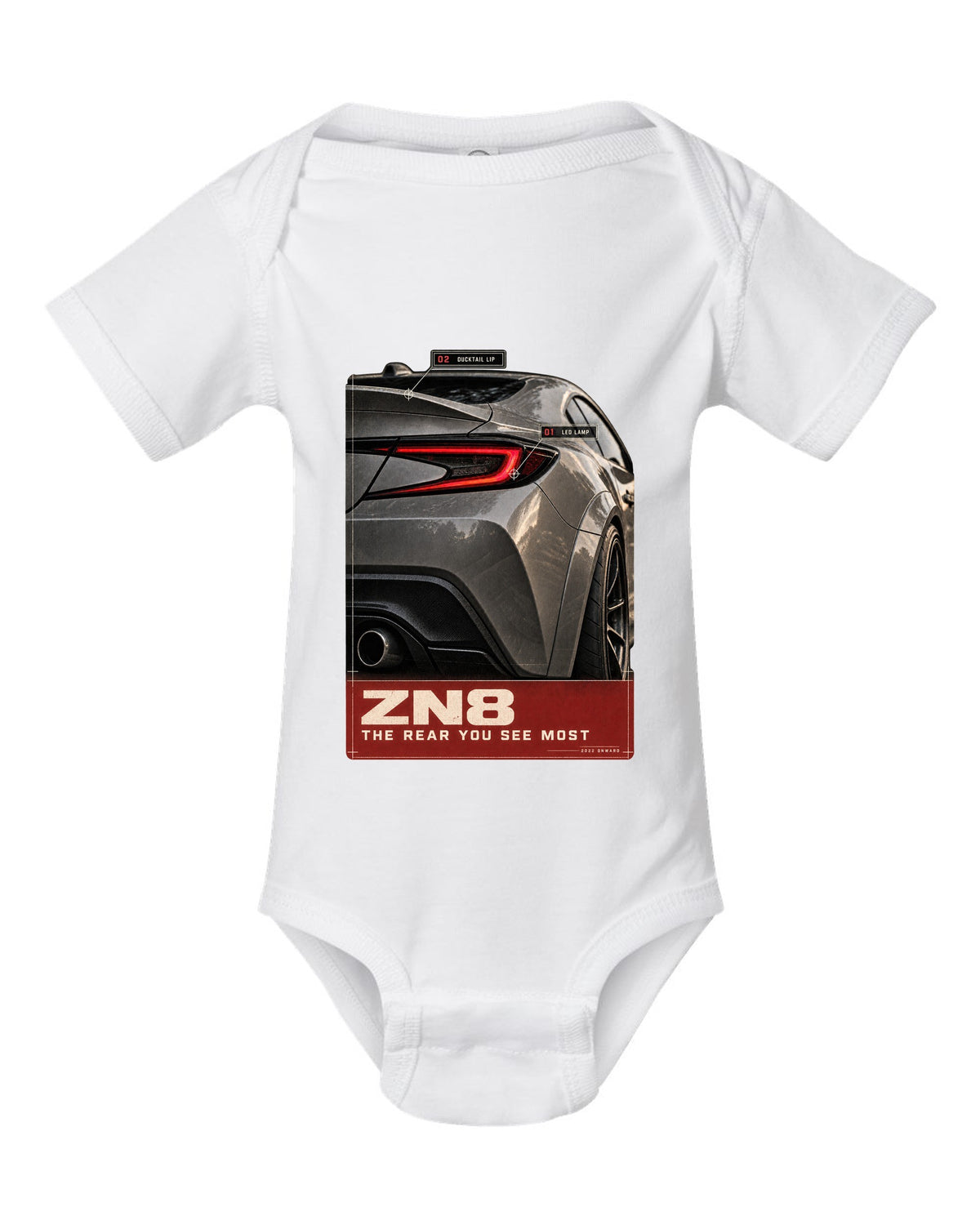 Macro poster-style print of the rear lamp on a Toyota GR86 ZN8 white baby onesie front view with the design