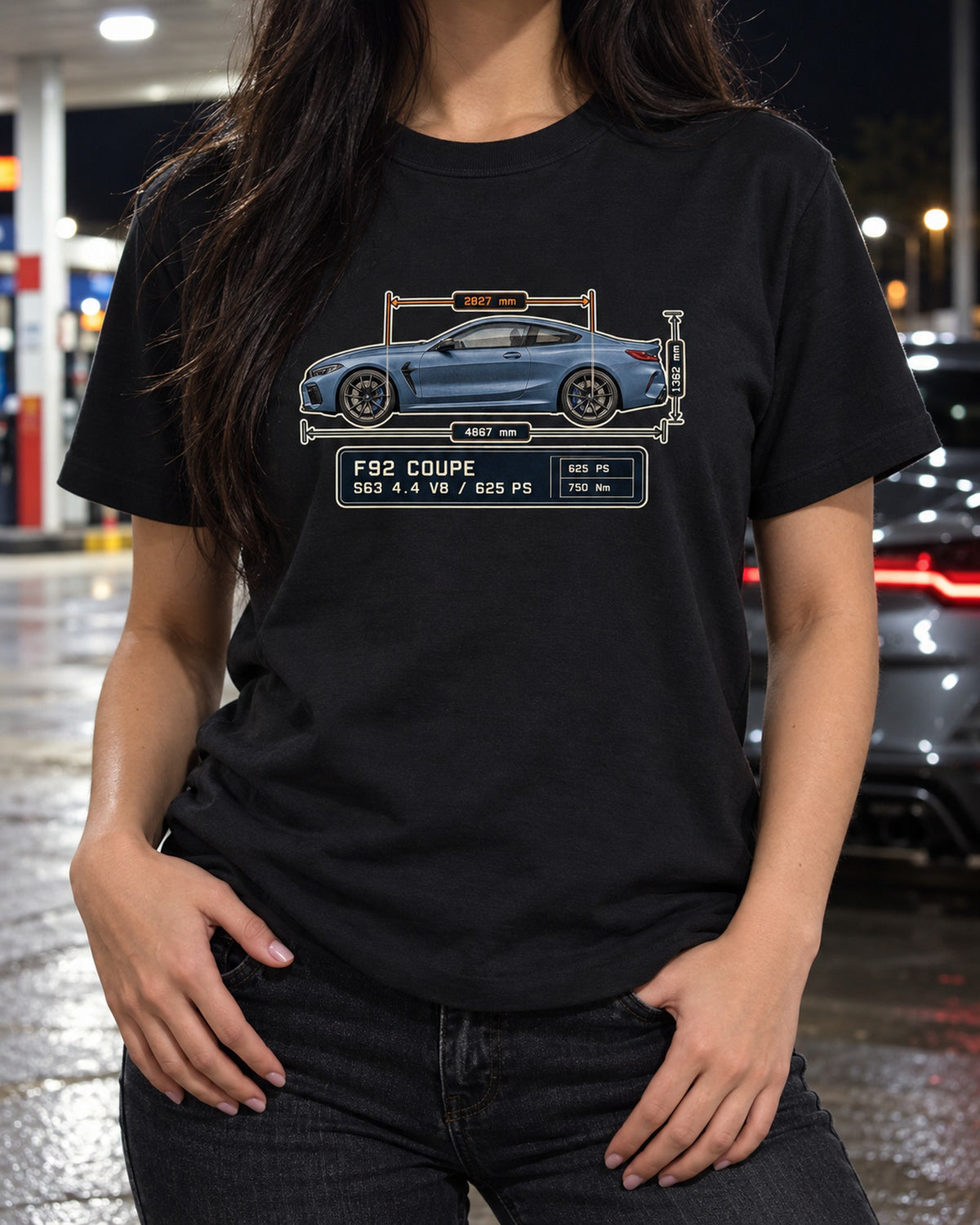 BMW M8 Competition Coupe F92 Dimension Blueprint Shirt T-Shirt Black worn hero
