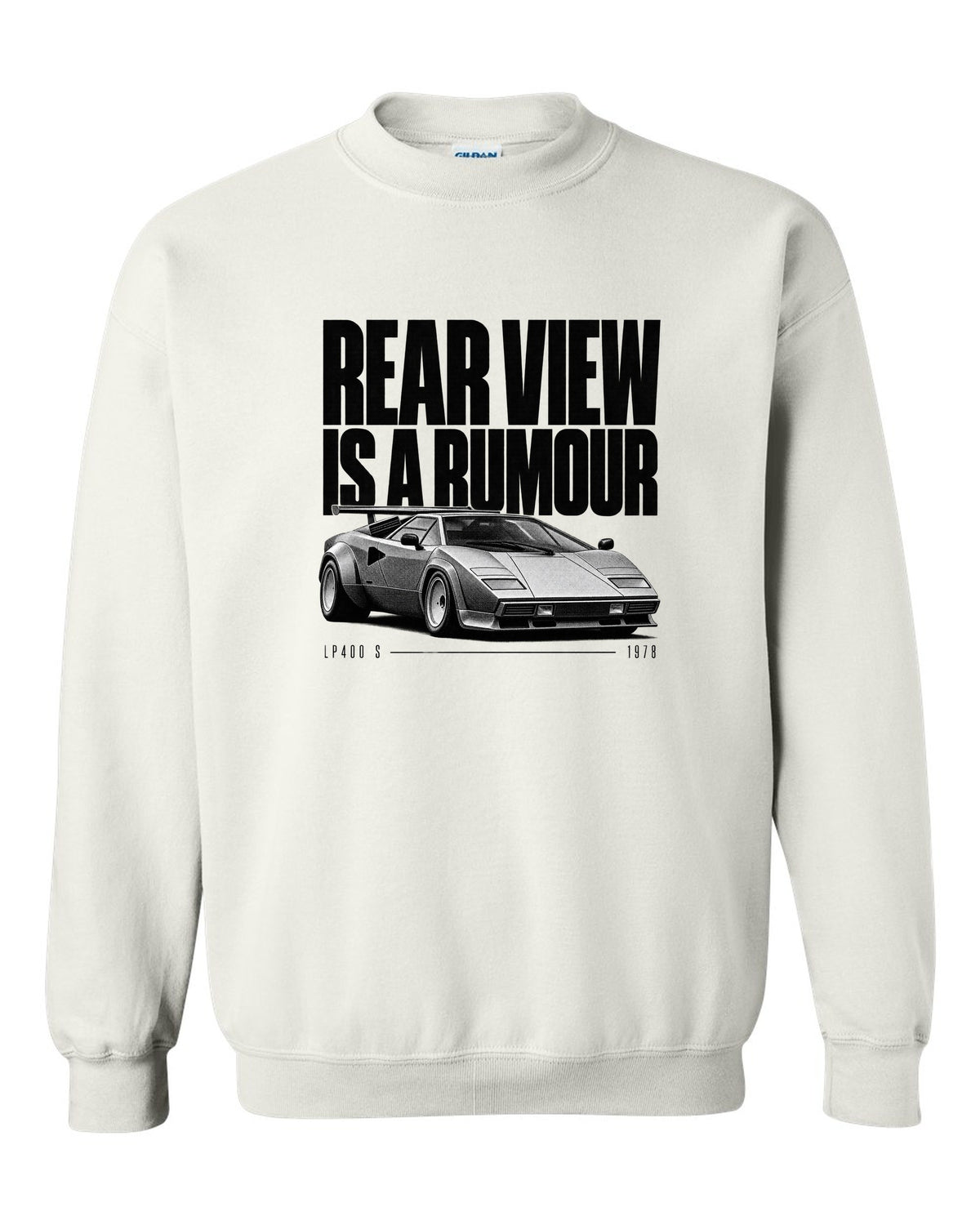 Halftone print of a Lamborghini Countach LP400 S with rear wing and rear view is a rumour text white crewneck front view with the design