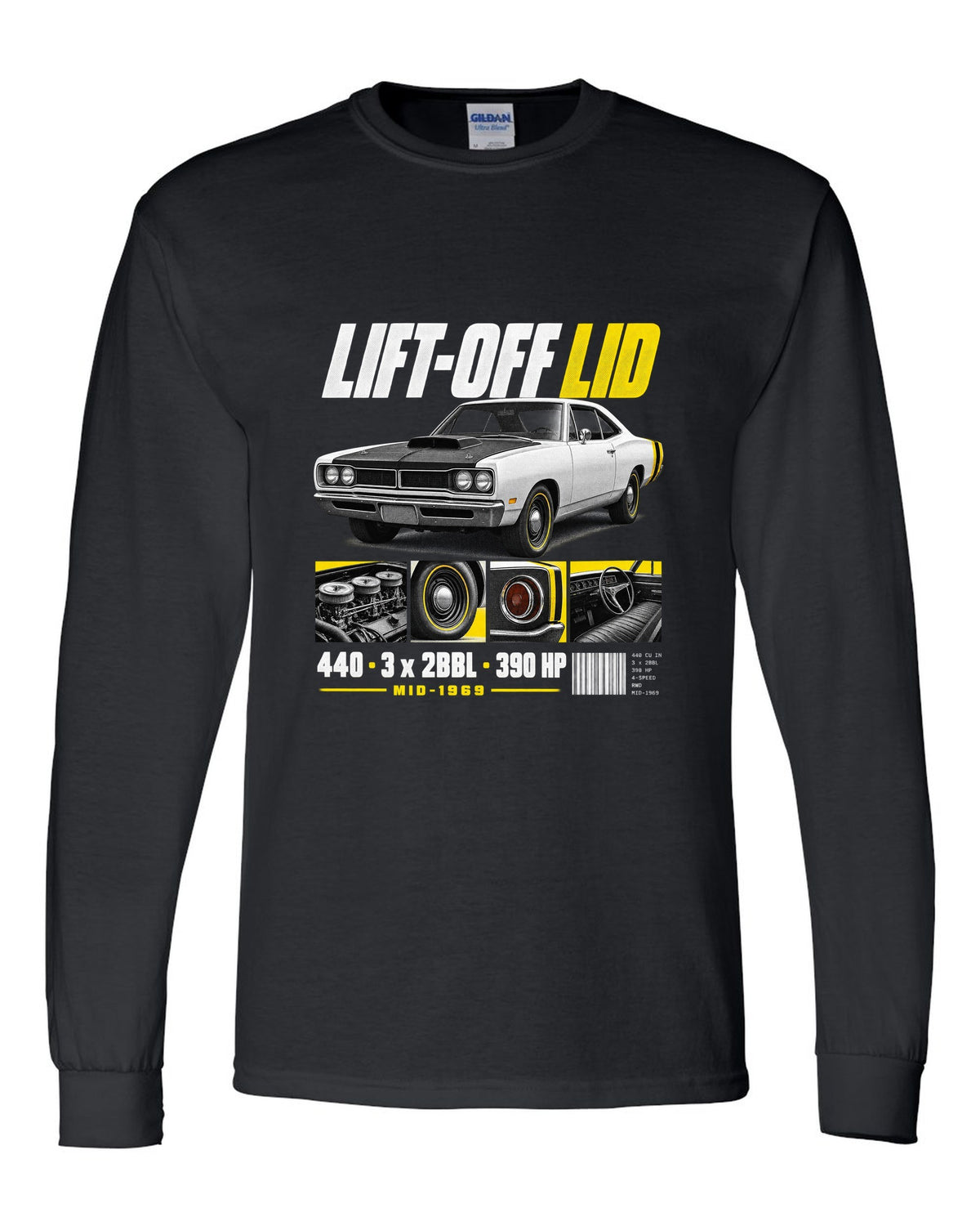 1969 Dodge Coronet Super Bee A12 dossier panel print with lift-off lid and 440 lettering black long sleeve front view with the design