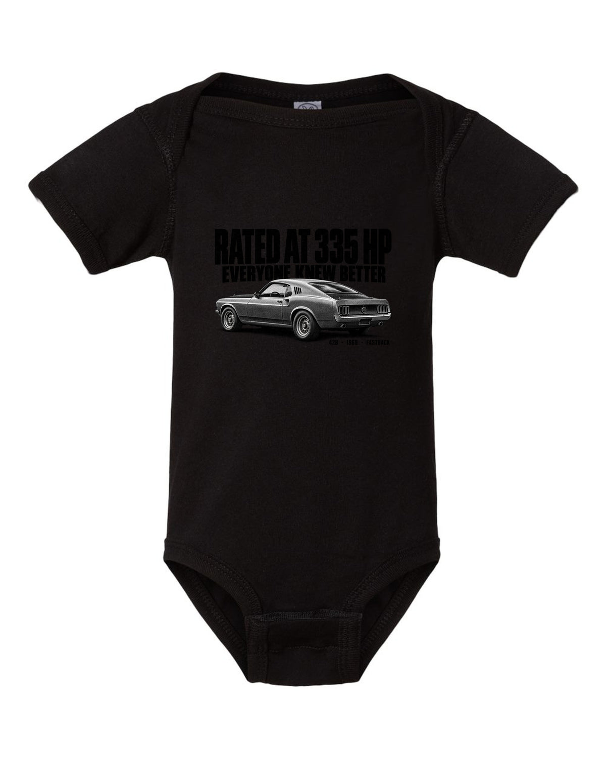 Halftone illustration of a 1969 Ford Mustang fastback with rated at 335 HP lettering black baby onesie front view with the design