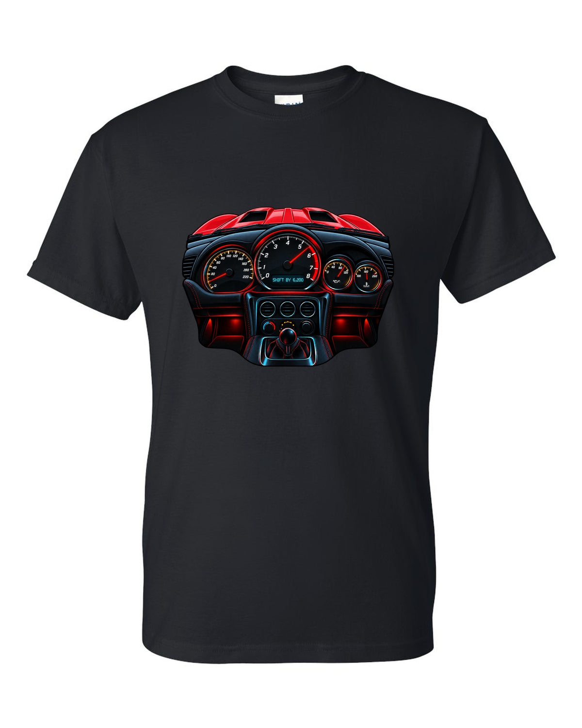 Gauge-cluster HUD design for a 2015 Dodge Viper VX I reading shift by 6,200 black t-shirt front view with the design