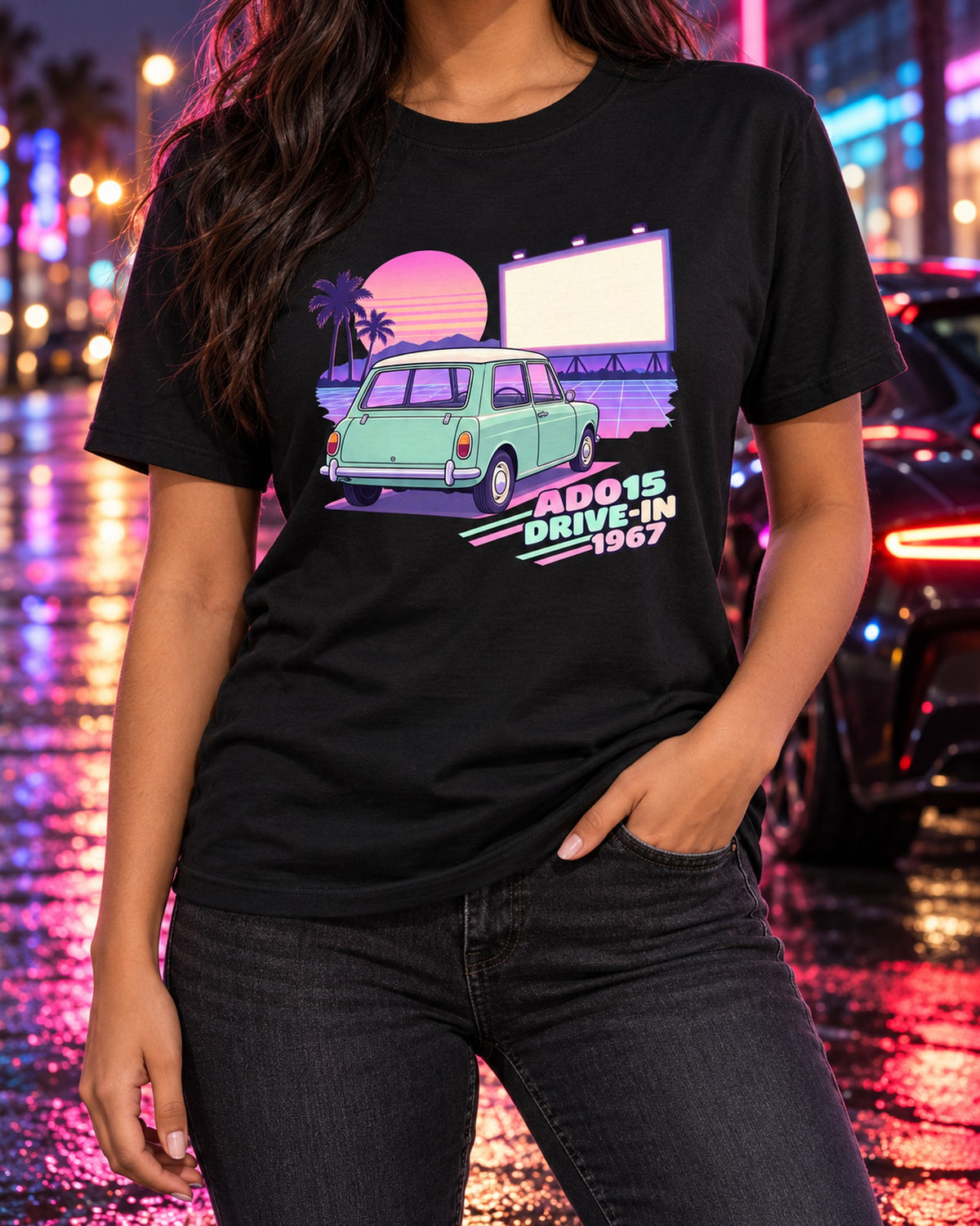 Classic Mini ADO15 1967 Pastel Drive-In Vaporwave Tee T-Shirt Black worn hero