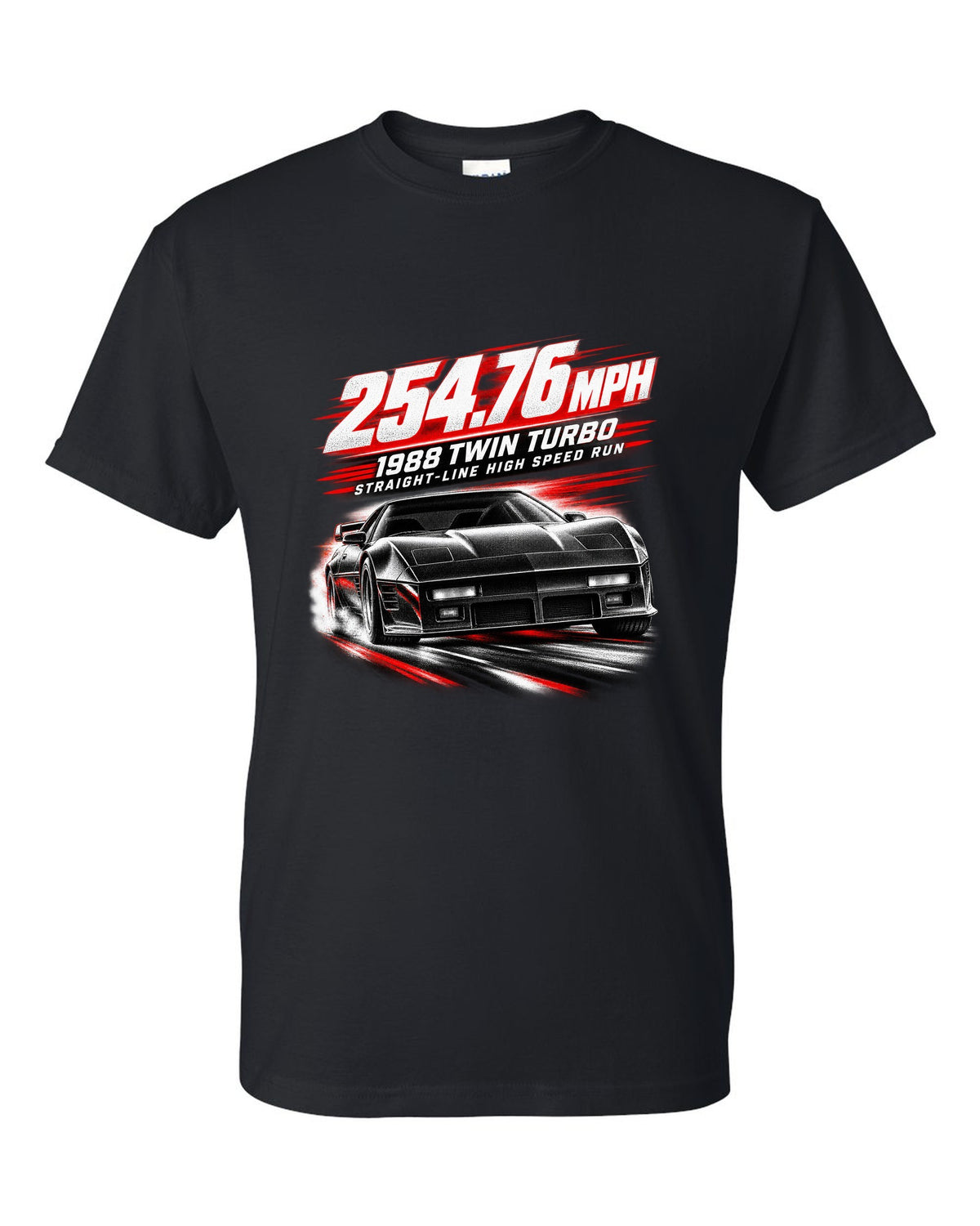 Callaway Sledgehammer 1988 twin-turbo C4 coupe race poster print 254.76 mph black t-shirt front view with the design