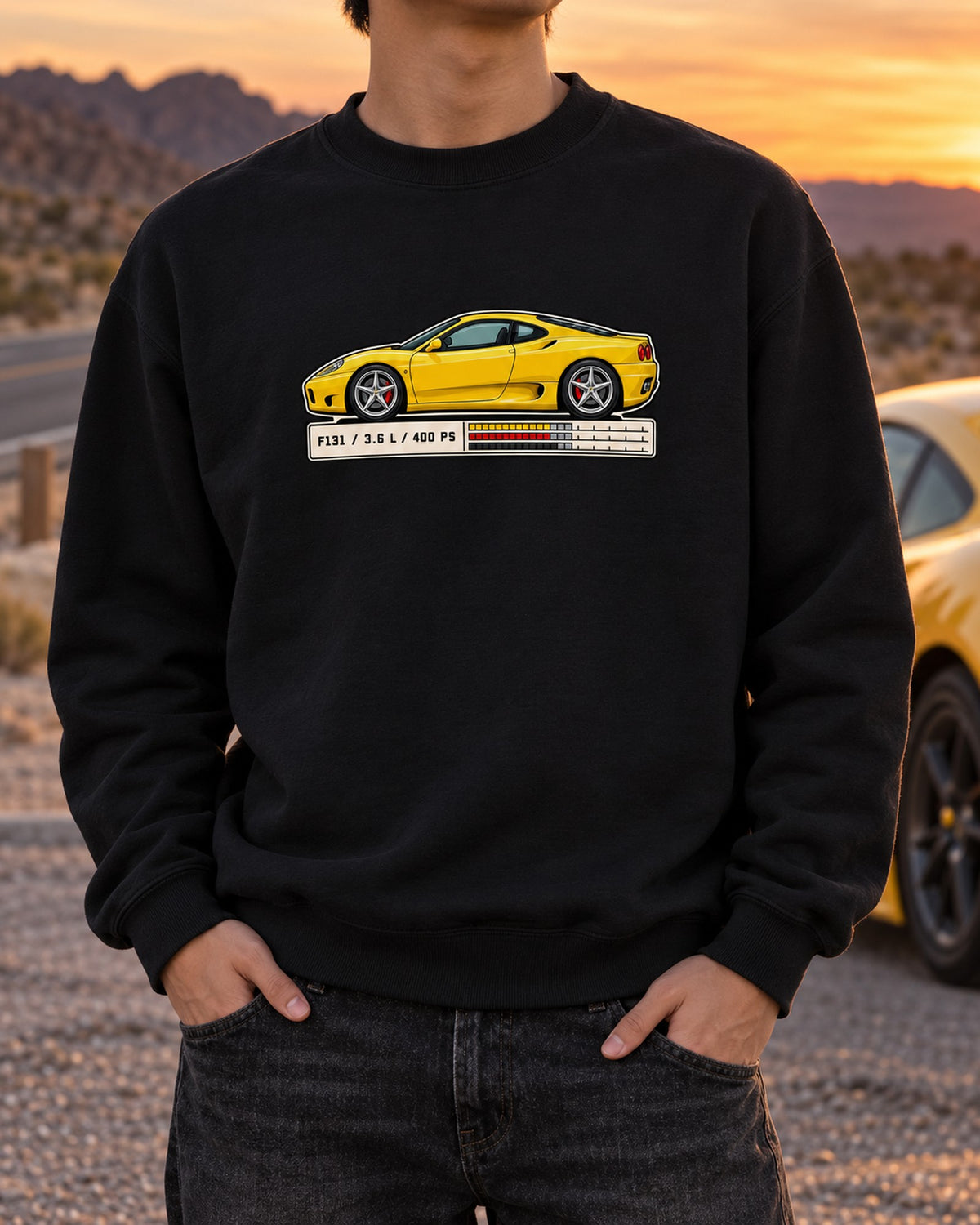 Ferrari 360 Modena F131 Data Plate Shirt, Spec Sheet print Crewneck Black worn hero
