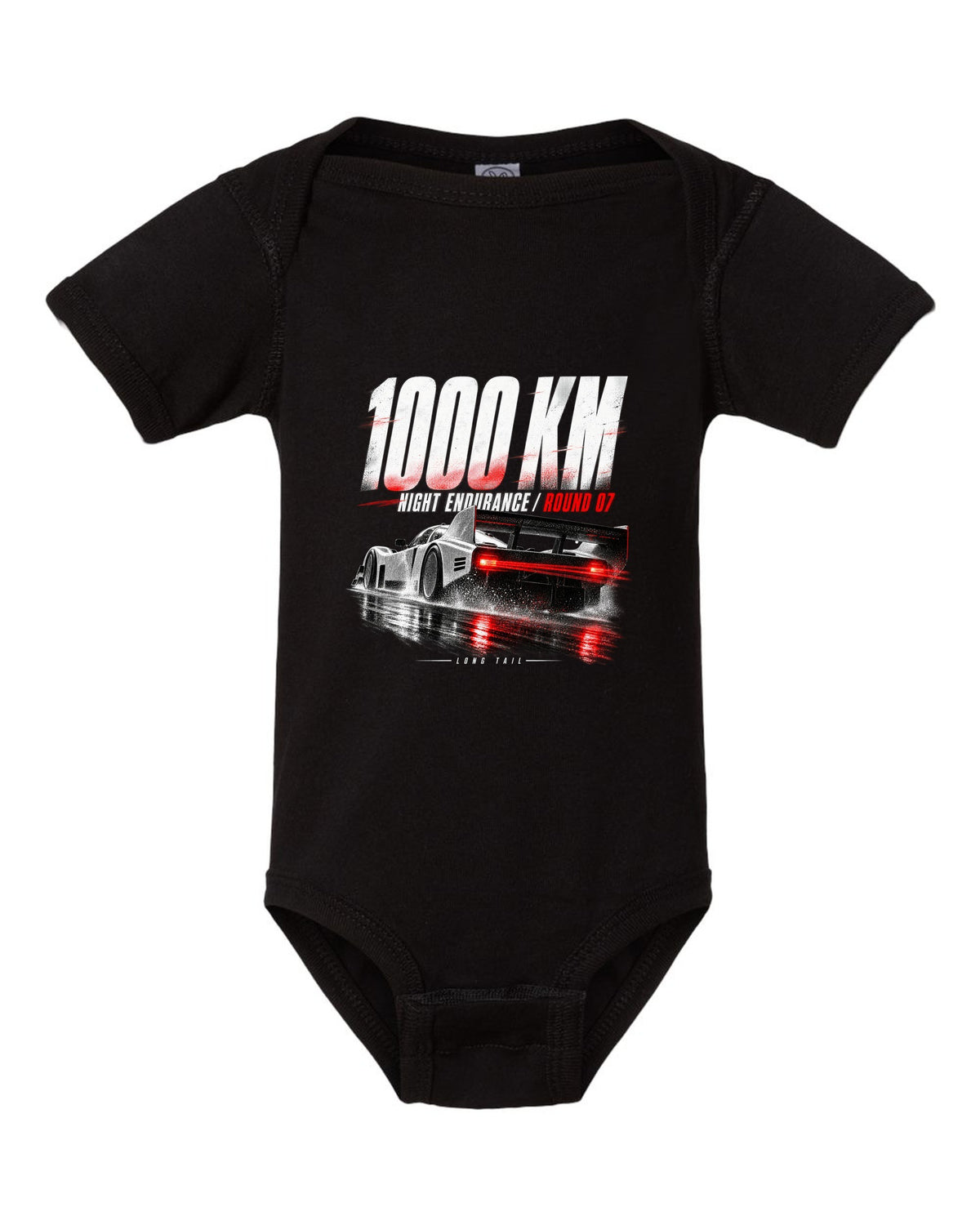 Porsche 962 Group C night endurance race poster print black baby onesie front view with the design