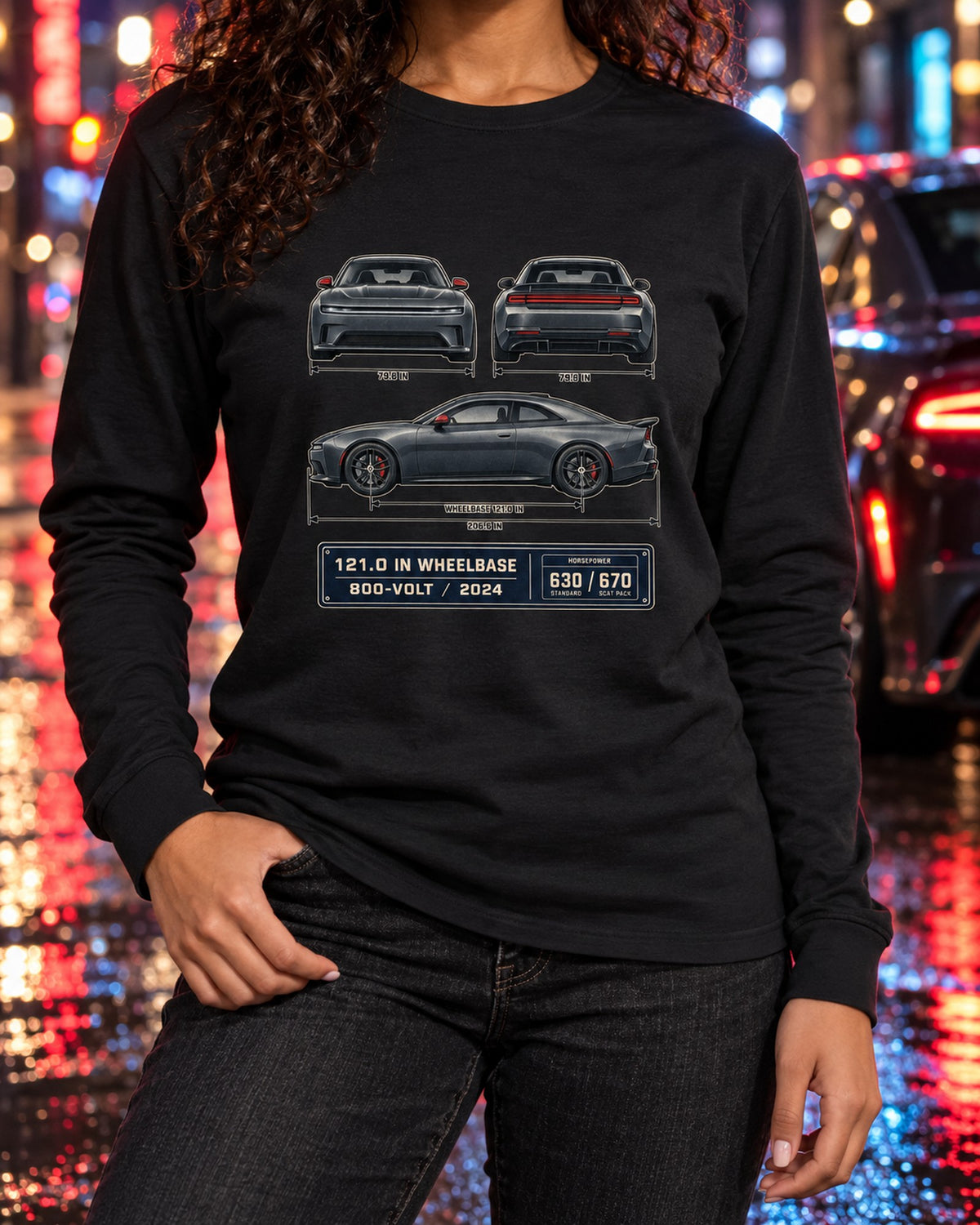 Dodge Charger Daytona Scat Pack 2024 Blueprint Car Shirt Long Sleeve Black worn hero